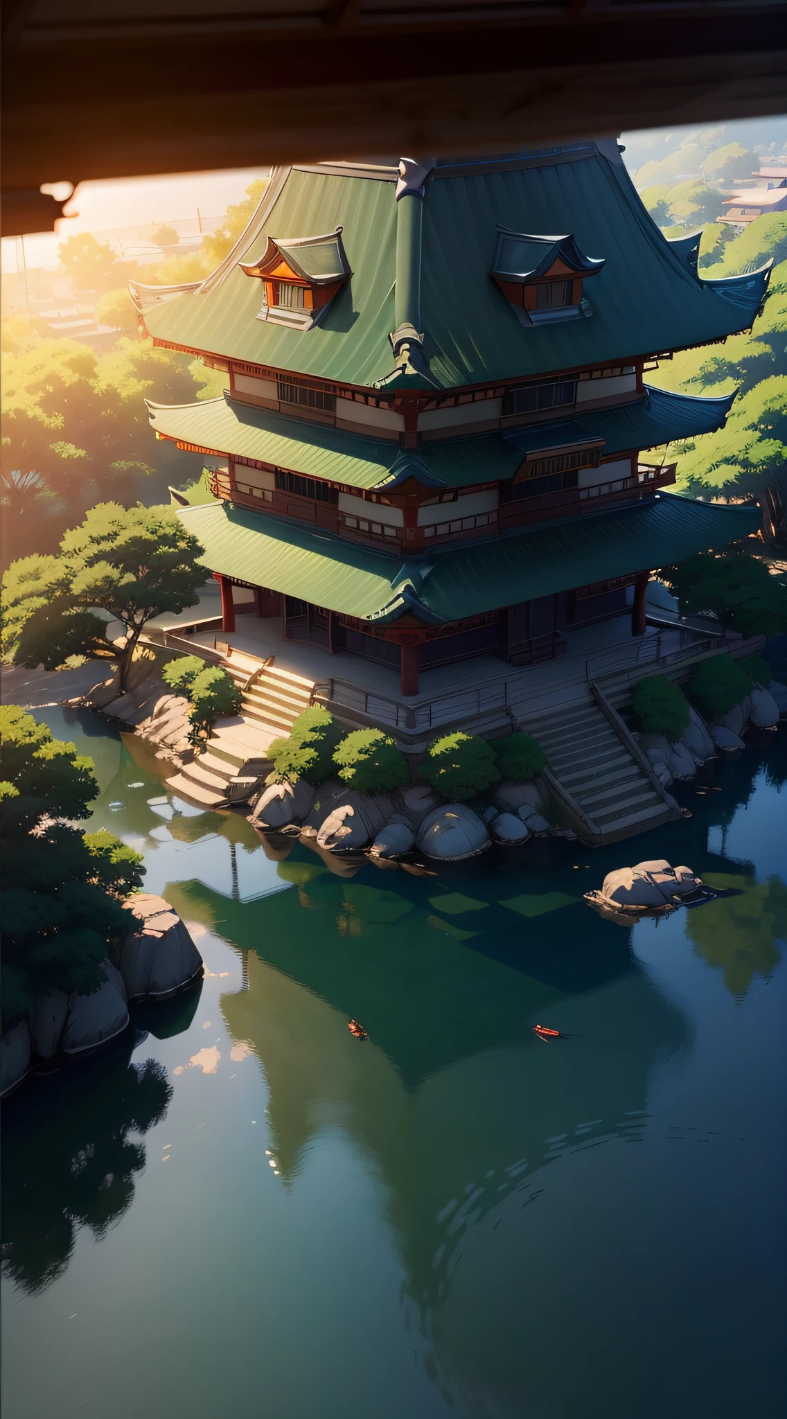 Drone Photography Kamon Shrine、Makoto Shinkai's concept art、Tumbler、magic realism、beautiful anime scene、high-level image quality、By Shinkai Makoto、((By Shinkai Makoto))、anime background art、anime backgrounds、style of makoto shinkai、anime movie background、No humans。