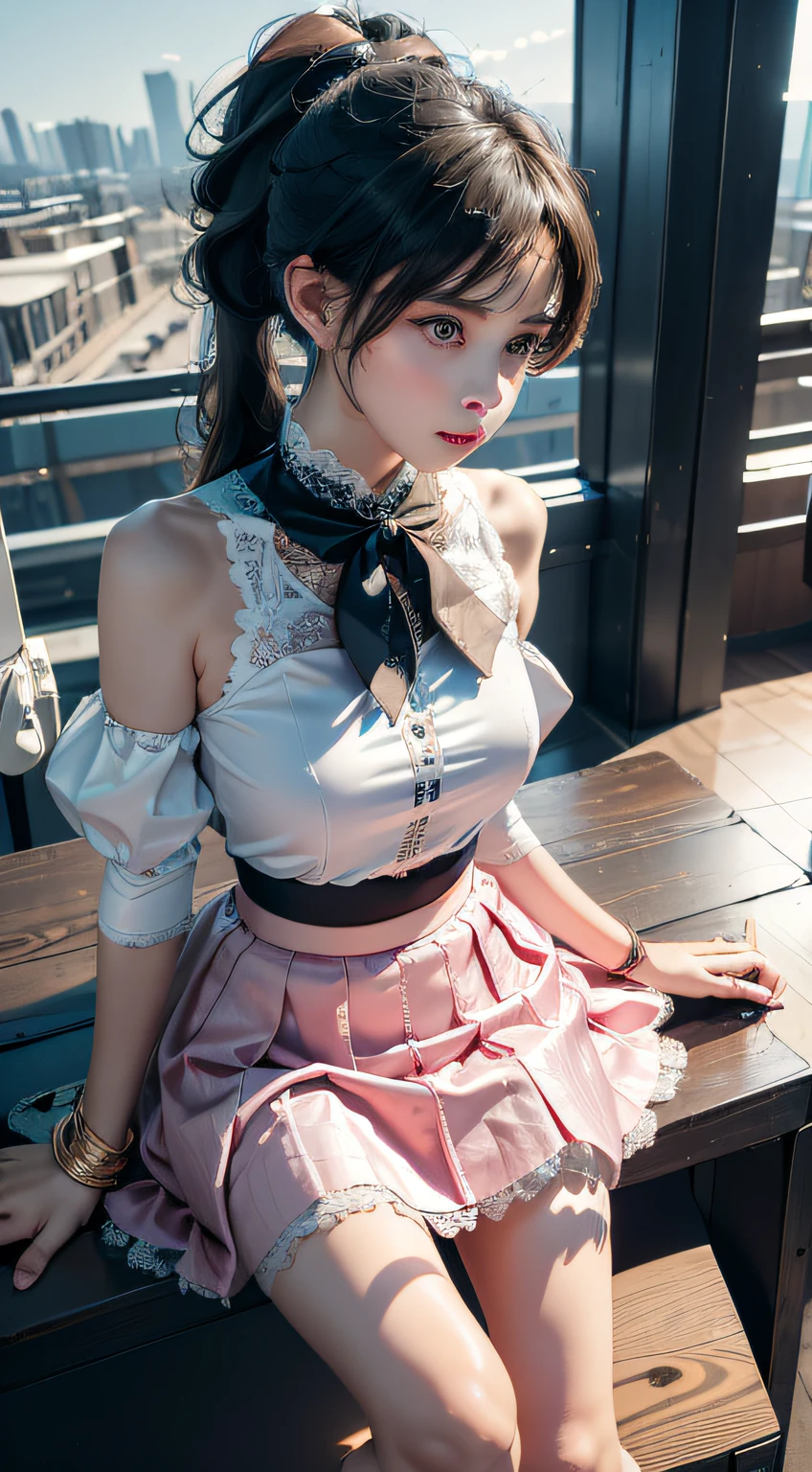 tmasterpiece， best qualtiy， ultra - detailed， RAW photogr， （realisticlying：1.4）， High-speed rail top clouds， 1girll， 独奏， By bangs， （fox ear）， mediuml breasts， clothing cutout，Hollow-out on， Animal ear， girl fox， Silk lace skirt skirt， pony tails， neck bowtie， shift dresses， （bangle）， jewely，， Separate the sleeves， （blue bracelet）， White sleeves， The shirt， sleeveless shirts， Golden decoration， Pink lace skirt， （coda， fox tails）， 耳Nipple Ring， dynamic angle， Outdoor deep forest，