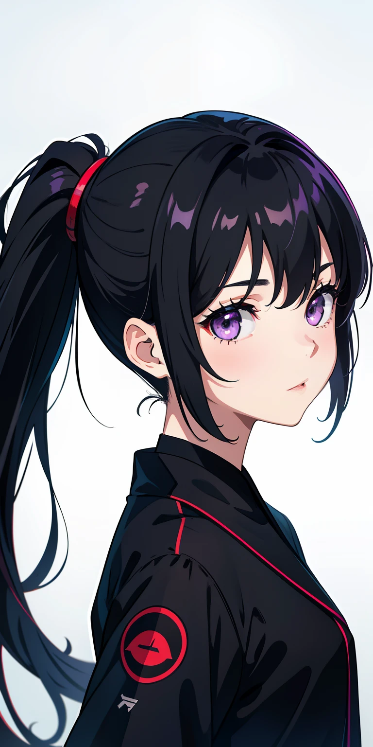 （tmasterpiece：1.2，best qualtiy），（Fine beautiful eyes：1.2），A girl with a black ponytail，Black colored eyes，，only 1girl，20yr old，Purple-red jumpsuit
