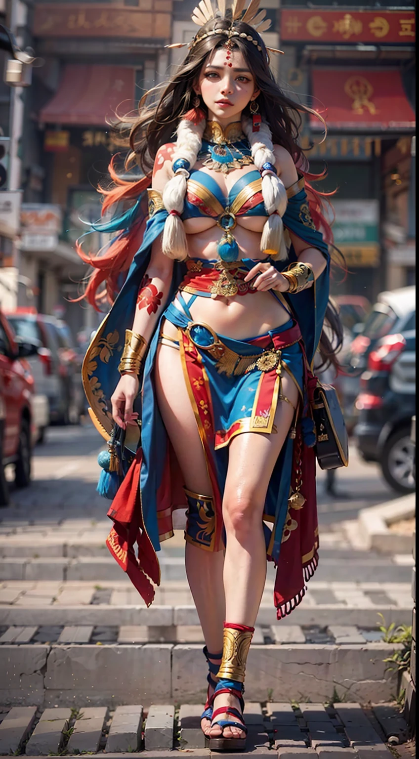 A Japanese woman walking in the city,Buildings,A plant,ssmile,Mixed Korean,The background is blurred out,focal,电影灯光,(((tmasterpiece))), ((best qualtiy)), ((Complex and detailed)), ((ultra-realistic realism)), Ridiculous resolution, A MILF, Mature woman, ssee-through, highly detailed, illustratio, 1girll, (huge tit), Thin waist and thick hips,long leges,beatiful detailed eyes, short detailed hair, brunette color hair, a purple eye, (Indian costumes:1.2),Headdress Eagle Feather Crown,Traditional Indian costumes,Indian tribes,Indian totem,Totem tattoo,Indian ornaments,Indian colorful costumes,(No underwear),pantiess, detailed back ground, perfect eyes, Seductive eye, looking at viewert, From the front,Wear light,