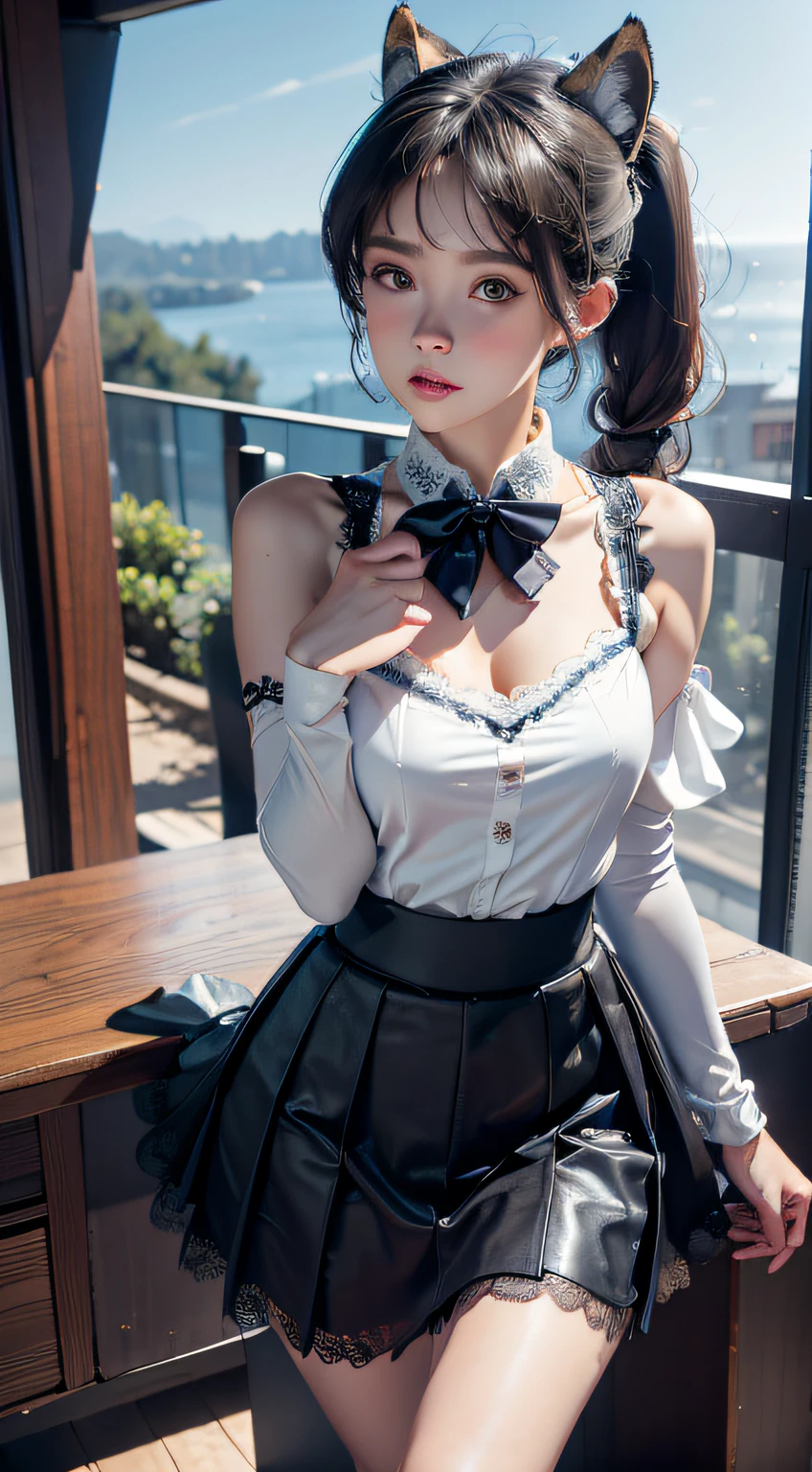 tmasterpiece, best qualtiy, ultra - detailed, RAW photogr, (realisticlying:1.4), High-speed rail top clouds, 1girll, 独奏, By bangs, (fox ear), mediuml breasts, clothing cutout,Hollow-out on, Animal ear, girl fox, Silk lace skirt skirt, pony tails, neck bowtie, shift dresses, (bangle), jewely,, Separate the sleeves, (blue bracelet), White sleeves, The shirt, sleeveless shirts, Golden decoration, Pink lace skirt, (coda, fox tails), 耳Nipple Ring, dynamic angle, Outdoor deep forest,