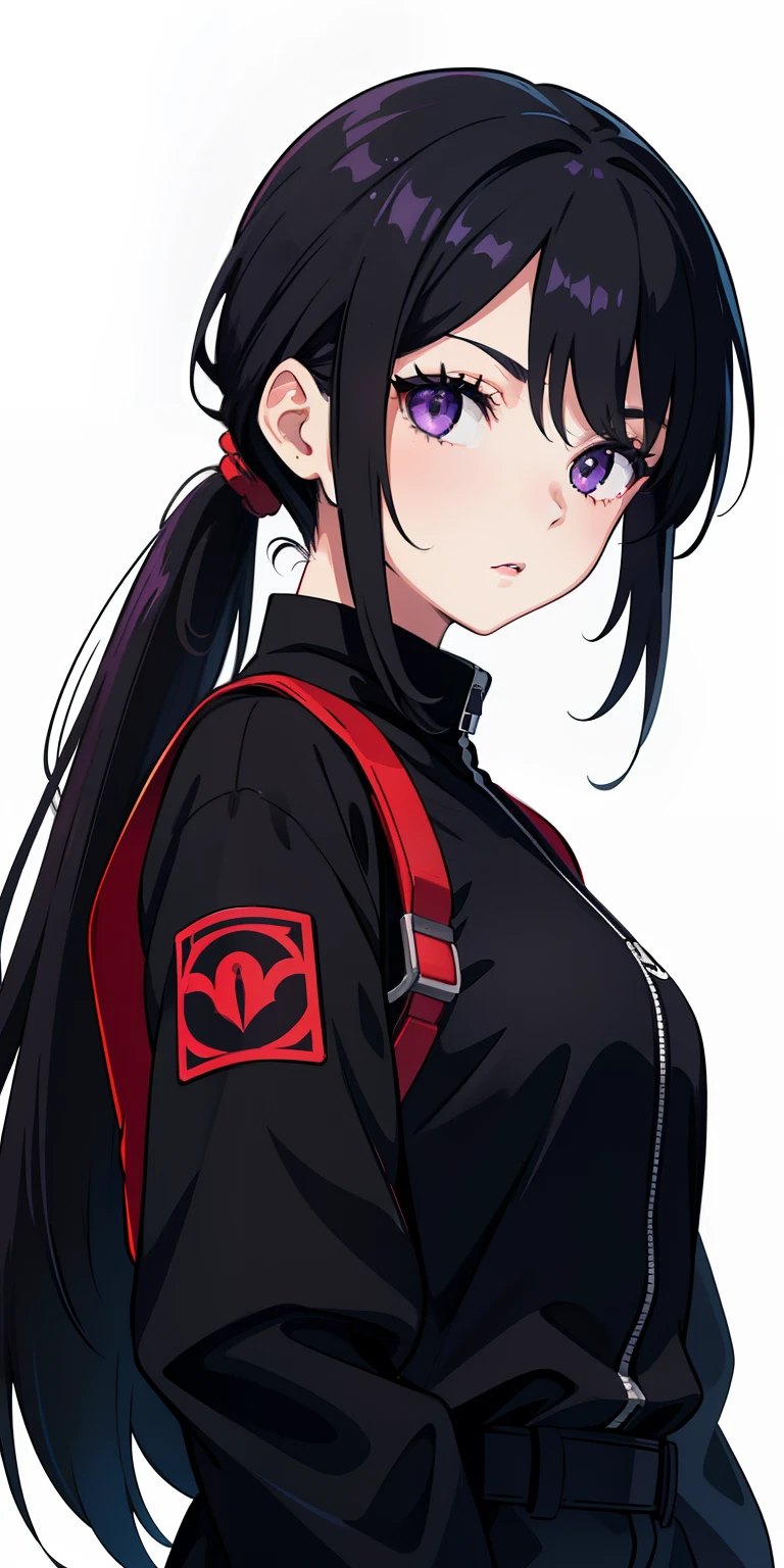 (tmasterpiece:1.2,best qualtiy),(Fine beautiful eyes:1.2),A girl with a black ponytail,Black colored eyes,,only 1girl,20yr old,Purple-red jumpsuit