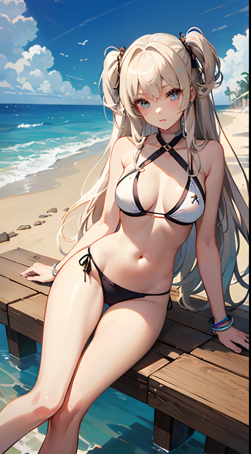 ((Best Quality)), (Ultra-detailed), ((Extremely detailed)), (Beautiful), ((Kawaii Girl)),(two side up hair).,Platinum Blonde Hair,Long hair, hair between eye, Wavy Hair, Long sideburns,Jade-colored eyes, White skin,Normal Chest,Slender body,Cross Halter Bikini,Sandals,Sitting,in beach,Look Camera