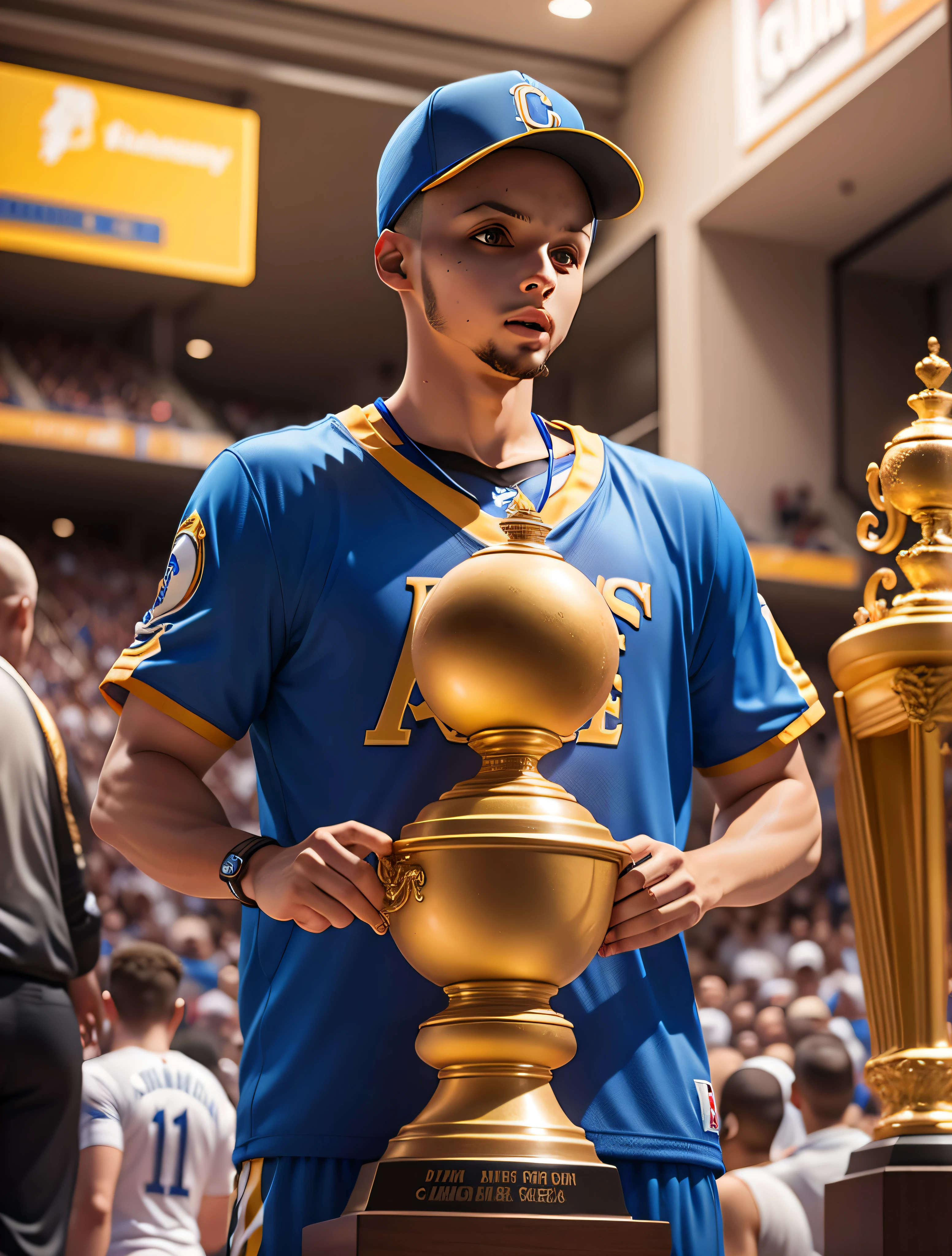 Curry,Blue jersey,Championship trophy in hand