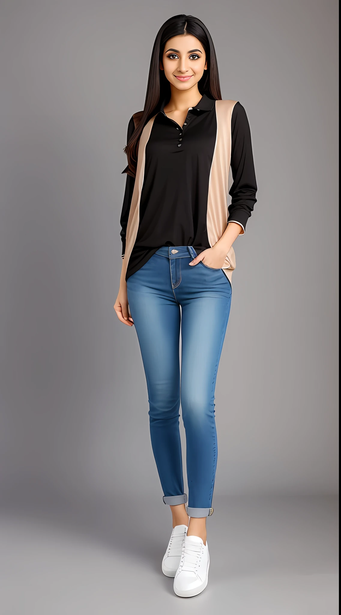 A full-body photo of a Middle Eastern woman in a professional studio，Relaxed standing，looks into camera，Casual wear，Plain shoes, Natural brightness，Uniform light。 --auto
