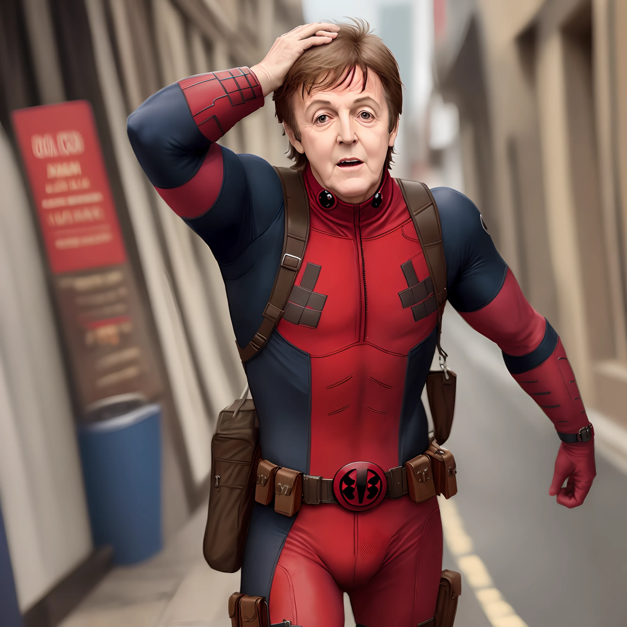 Paul Mccartney vestindo uma fantasia de deadpool