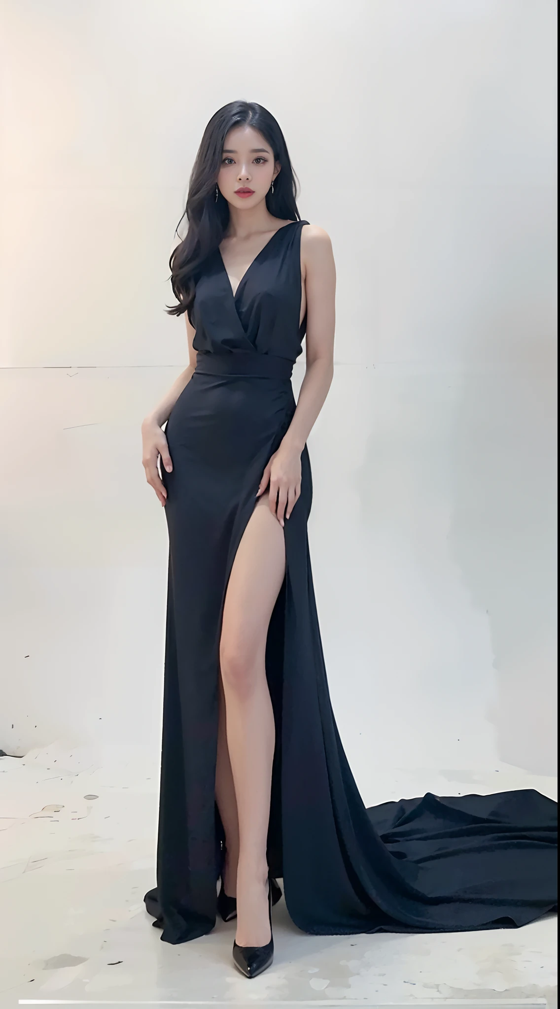 a woman in a black dress poses for a picture, sexy gown, wearing long gown, Long dress, with a thin waist, Black gown, robed, Dressed in elegant dresses, wearing evening gown, flowing black gown, Sexy dress, Wearing a long dress, wearing a black dress, opened dress, kaftan, 🤬 🤮 💕 🎀, Black dress,hyper realisitc,8k,32k surreal