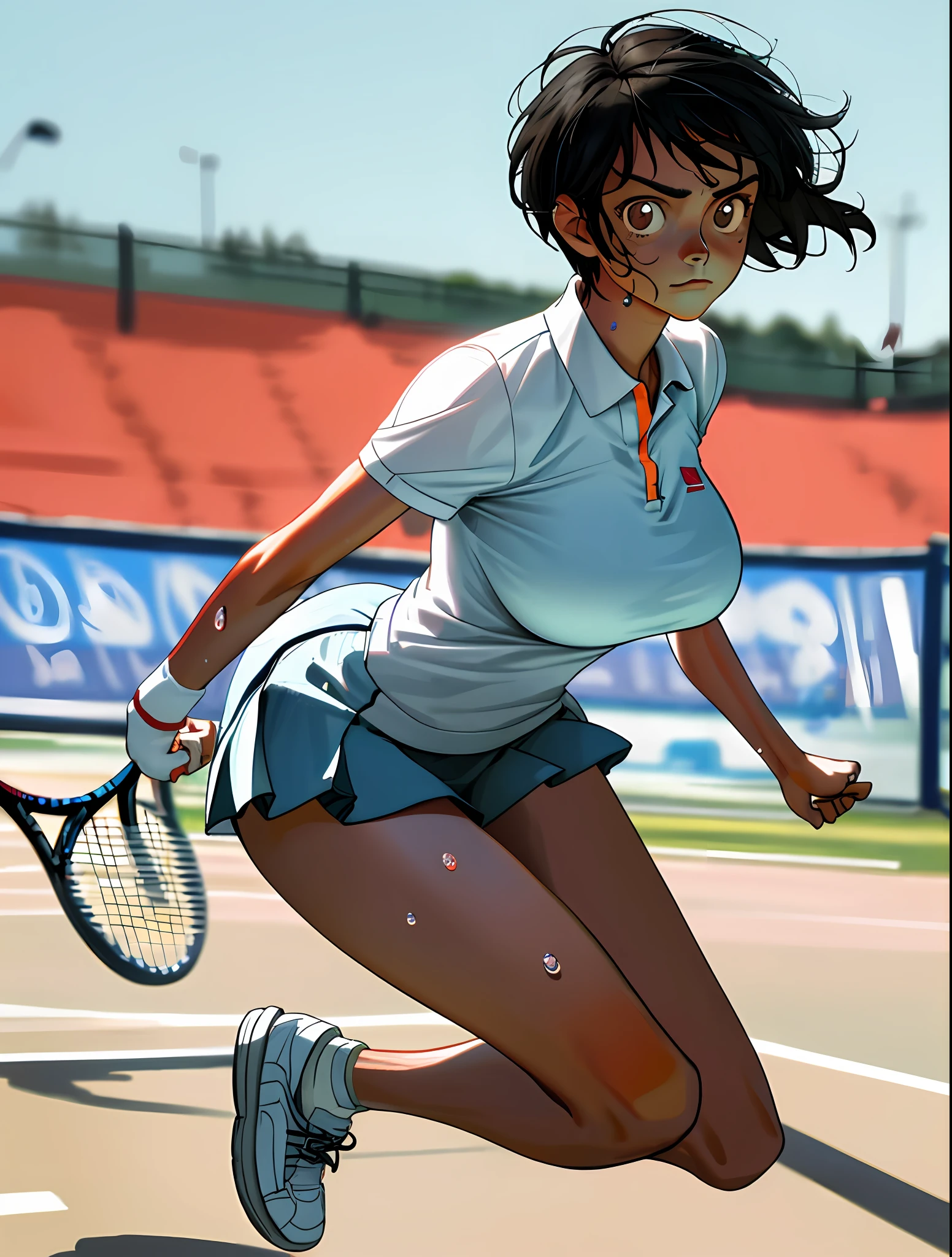 1girl, solo, white polo shirt, white sneakers, tennis wear, white mini skirt, masterpiece, best quality, realistic, ultra-detailed, (shiny skin, sweating: 1.4), ridiculous, looking at the audience, short black hair, brown eyes, slender, dynamic light and shadow, high resolution, sharp focus, depth of field, fine eyes, sharp pupils, realistic pupils, (big breasts: 3.0), (thigh thickness: 1.0), outdoor, sky