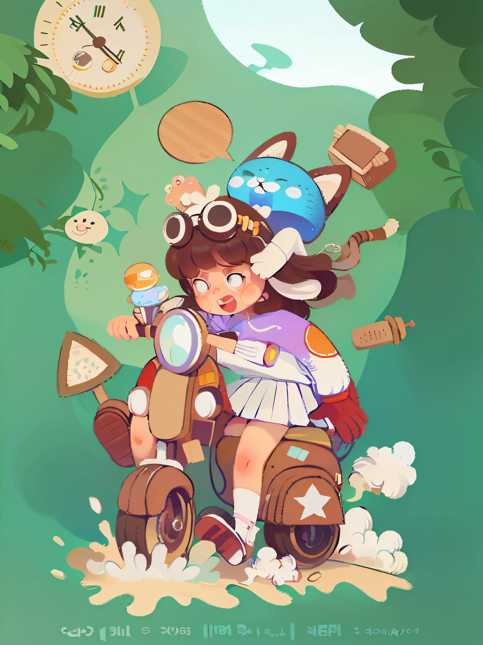 Girl riding a motorcycle、Little rabbit lying on the girl's body bottle of milk,clouds