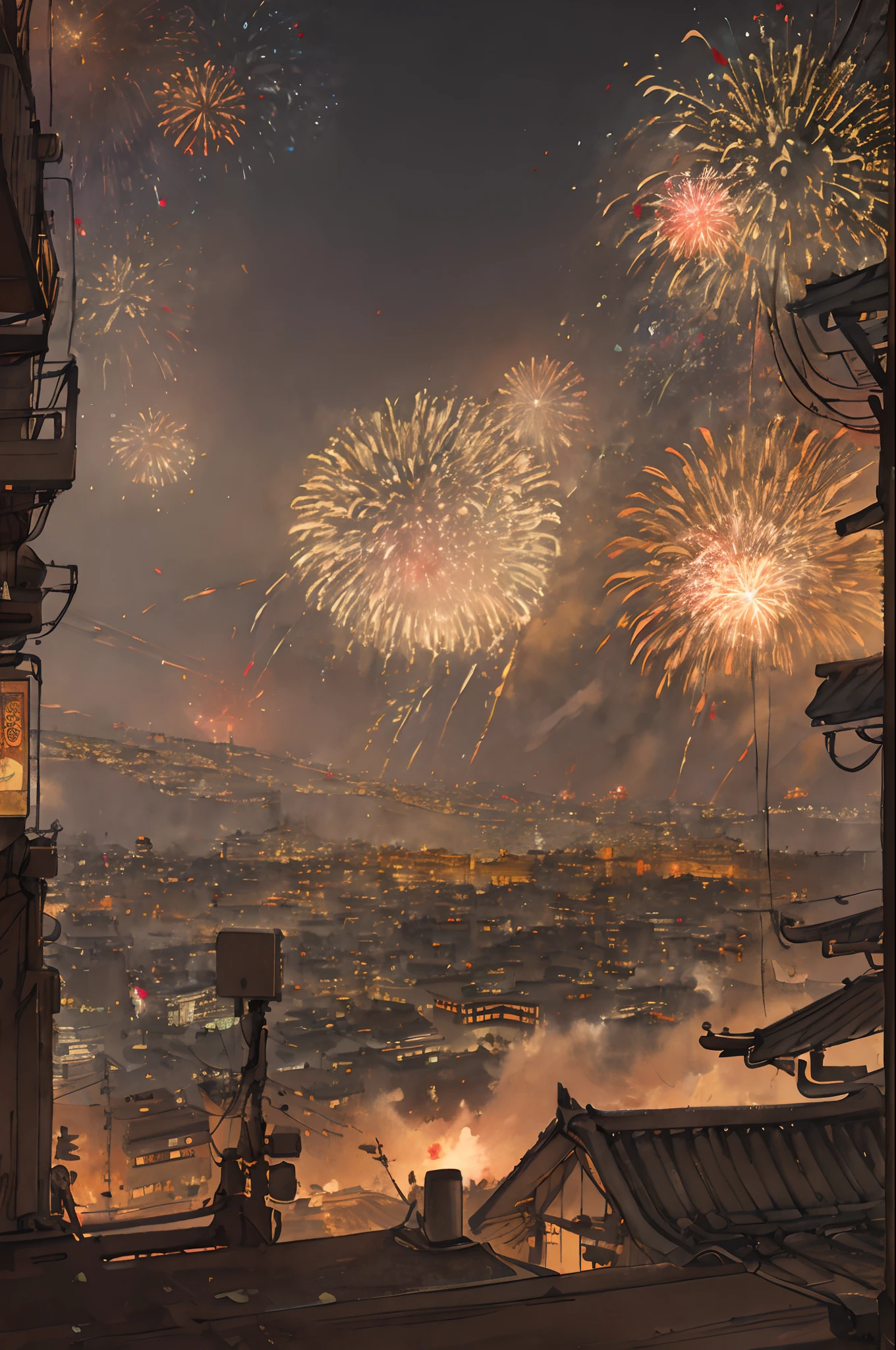 1city, cyberpunk, light brown tone, panoramic, detailed, fireworks, new year