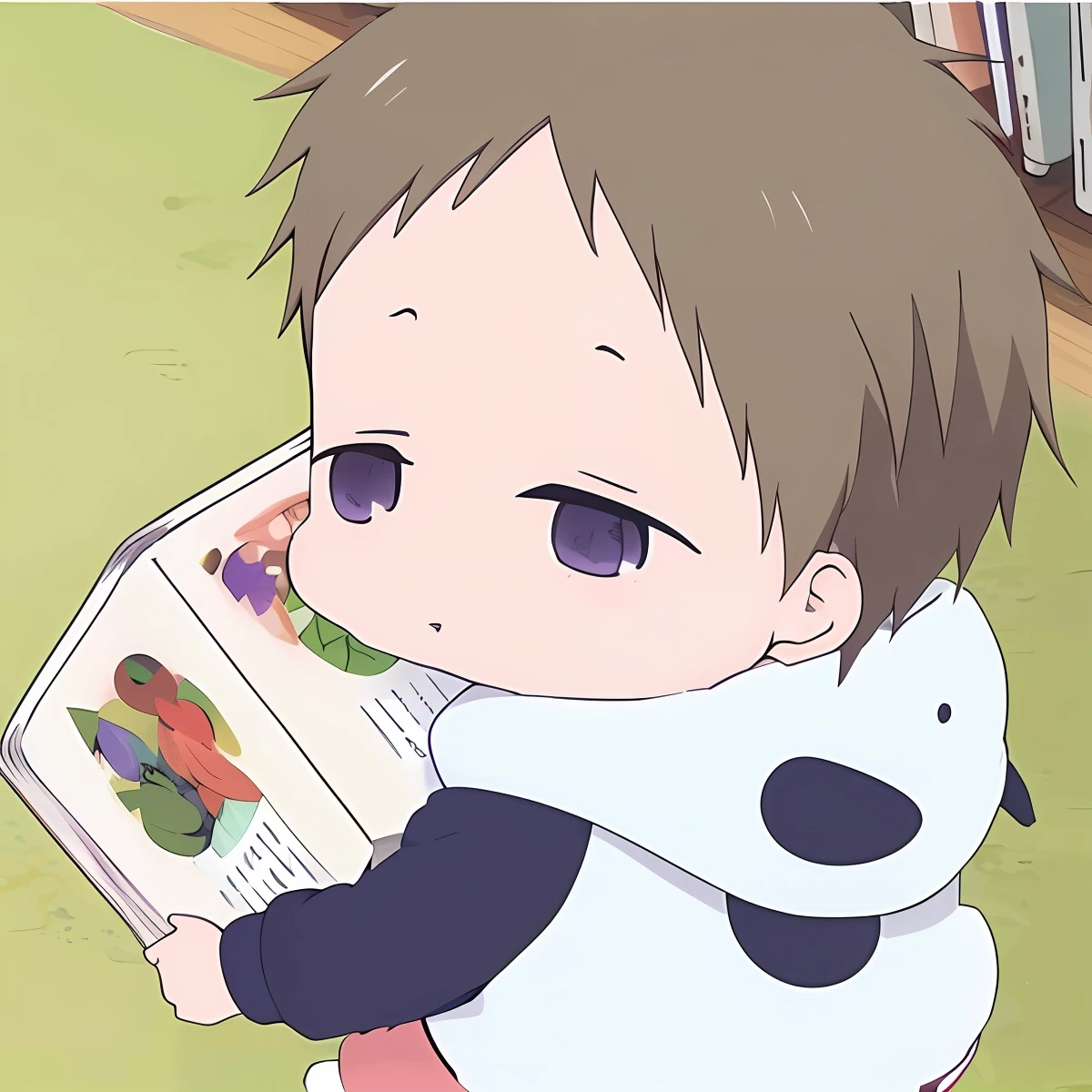 Anime boy holding book and panda bear, nichijou, natsume yuujinchou, toru furuya, yuruyuri, Today's featured anime stills, animated still, ( ( ( yoshinari yoh ) ) ), In the anime, in the anime film, anime still frame, shuushuu anime image, still from tv anime，ultra cute！