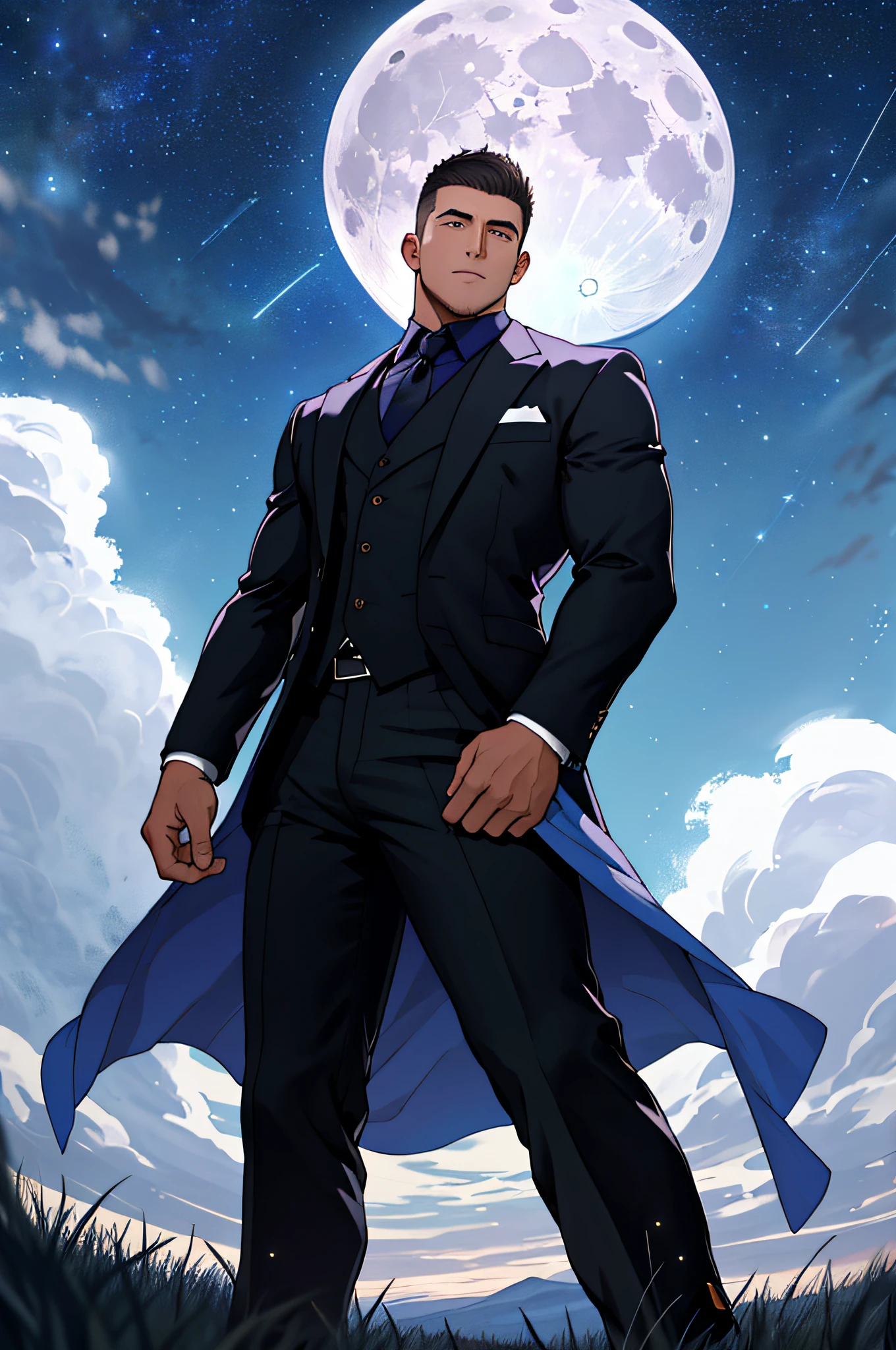 Draw a full-fledged footballer,Standing on the steppe at night,He wears a fancy suit,The man looks confident and determined,looking-down,Crew cut,full bodyesbian,Stars dot the sky,shooting from below,Big moon highlights background
