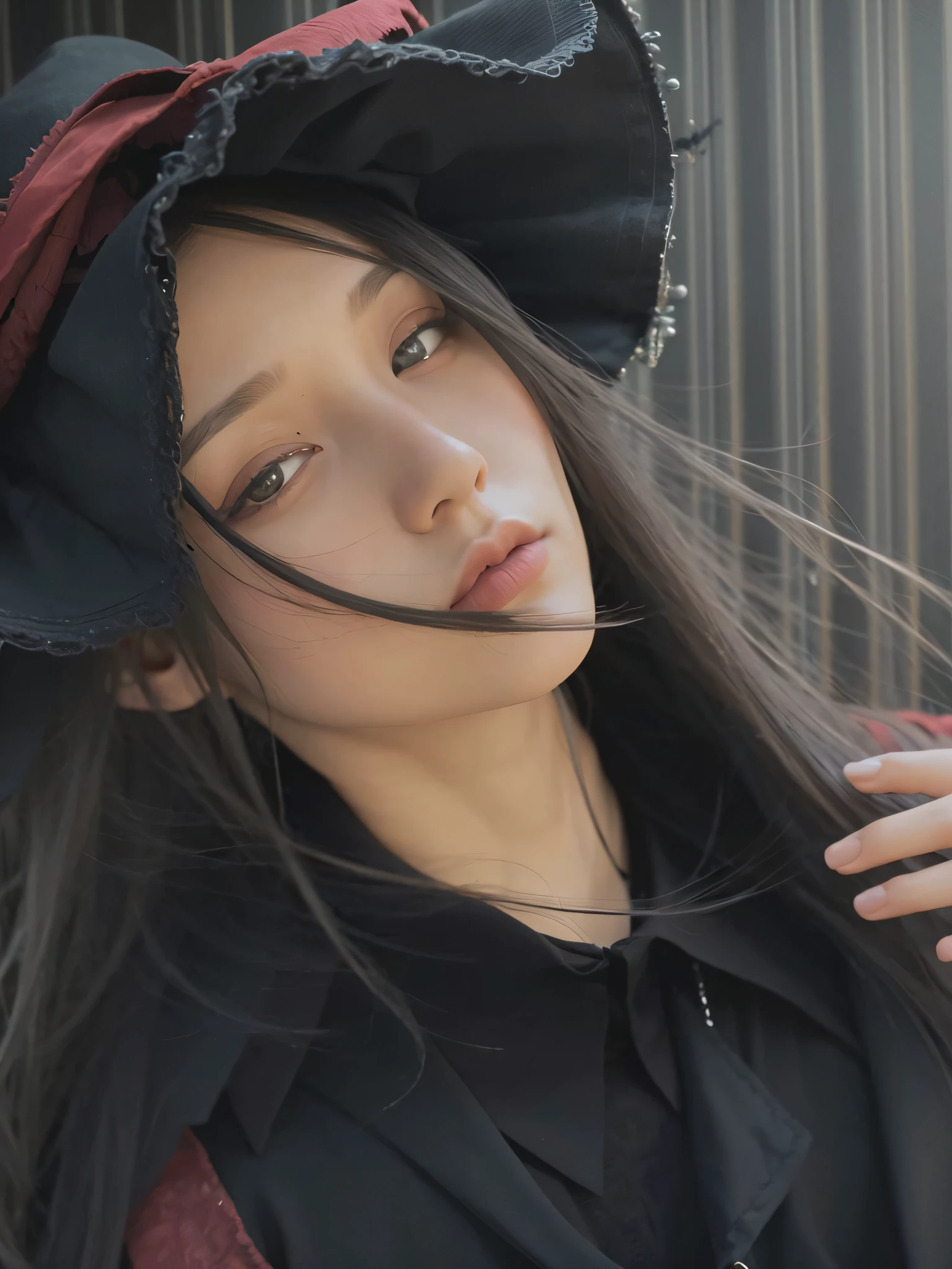 Arad woman with long black hair wearing a black hat, ulzzangs, cruel korean goth girl, with long hair and piercing eyes, 🤤 girl portrait, 1 7 - year - old anime goth girl, sakimichan, gothic girl face, dreamy gothic girl, Mysterious girl, goth girl aesthetic, gothic face, fashionable dark witch, Guviz