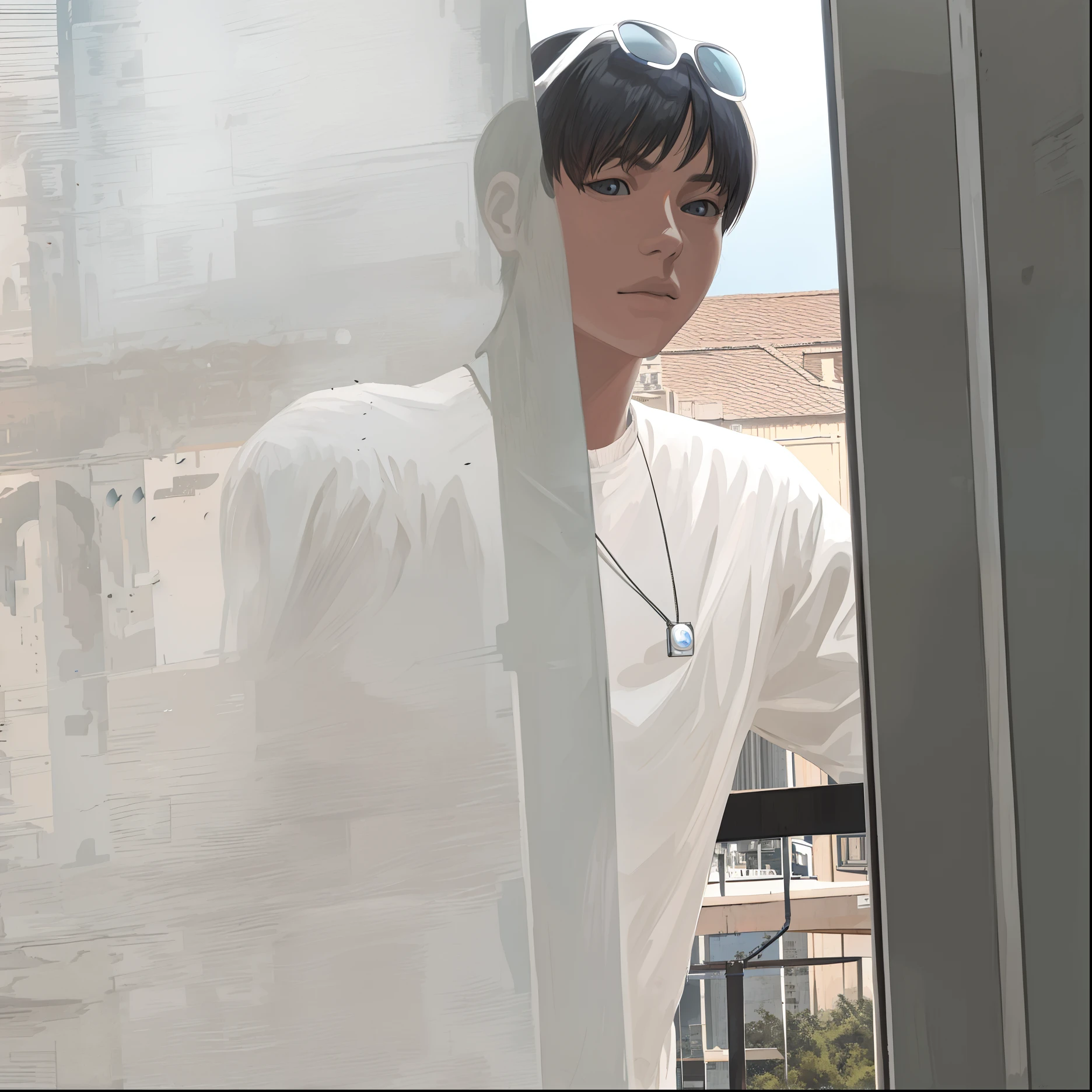 Auta quality, realistic, detailed, a crowd of people with gagged mouths, they have no face, the scenery and dystopian, in the sky a kind of human eye takes the place of the sun