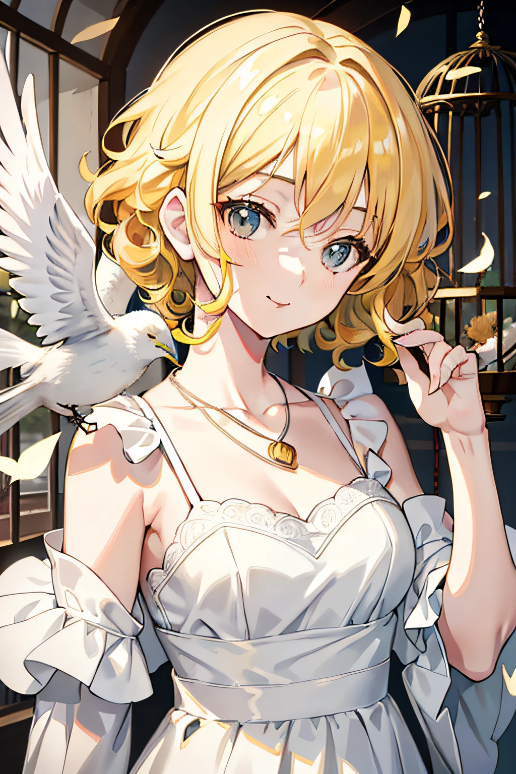 A beautiful girl, anime style girl, yellow hair, (curly hair), short hair, shoulder-length hair, gray eyes, white dress, a necklace, in the bird cage, with a white bird, 8k, super detail, masterpiece, high quality, high resolution, high detail, high face detail, happiness, HD quality