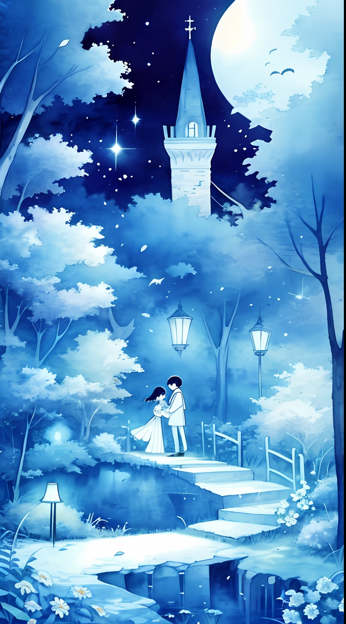 Whitetown, Moon, tree, rays of moonlight, Night, full moon, a young man and a woman, hugs, scenery, Painting (mediating), sky, Outdoors, aquarelle (mediating), Traditional media, flower, lamp post