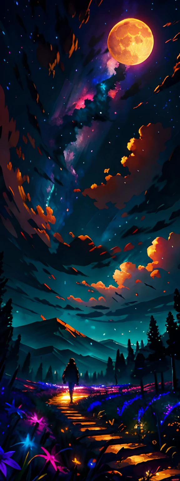 expansive landscape photograph , (a view from below that shows sky above and open field below), a girl standing on flower field looking up, (full moon:1.2), ( shooting stars:0.9), (nebula:1.3), distant mountain, tree BREAK
production art, (warm light source:1.2), (Firefly:1.2), lamp, lot of purple and orange, intricate details, volumetric lighting BREAK
(masterpiece:1.2), (best quality), 4k, ultra-detailed, (dynamic composition:1.4), highly detailed, colorful details,( iridescent colors:1.2), (glowing lighting, atmospheric lighting), dreamy, magical, (solo:1.2)