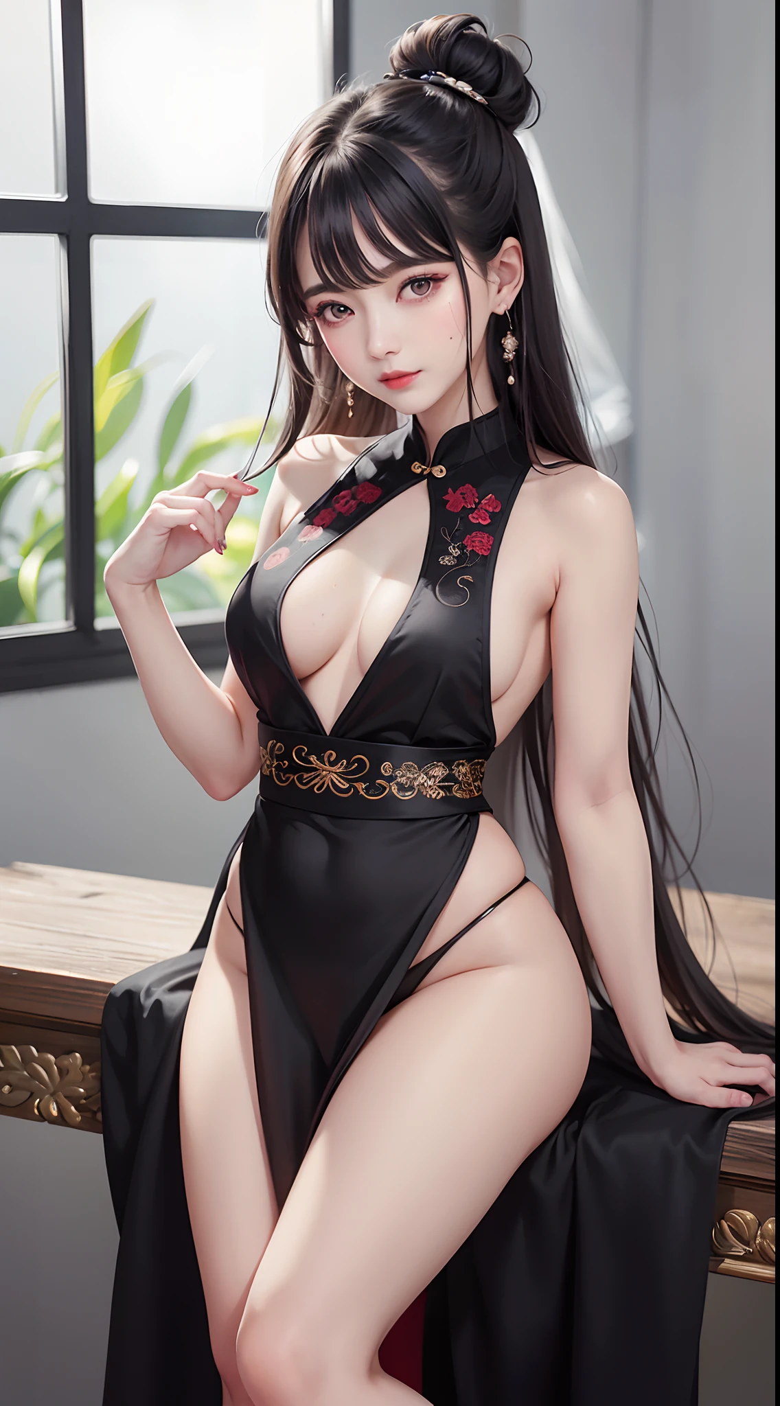 (8K, RAW photo, Photorealistic:1.25) ,( Gloss on lips, eyeslashes, gloss face, Glossy glossy skin, Best quality, 超高分辨率, Depth of field, color difference, Caustics, Broad lighting, naturalshadow, Kpop idol) Watch the audience tranquil goddess-like bliss,high school classroom,a sailor suit,Miniskirt high detail,8K resolution,超高分辨率,A young girl, A cute girl,short detailed hair,hair-bun,lipsticks,Tassel earrings,Black clear eyes,Smooth hair,鎖骨,Exquisite and perfect facial features, the most beautiful big eyes,Long eyelashes,The eyes are sweet and there are lying silkworms,dynamic angle,Extreme picture quality,Highest precision,Precise and perfect human anatomy,(((Antique black hanfu,Red embroidery))),((sitted)),Warm scene,超高分辨率,Ultra-clear vintage black flowing hair,Delicate bun)By bangs,(Long flowing hair,With a bun:1.3)),Delicate collarbones,beautiful make up,Exquisite and perfect facial features,,Big watery eyes,Lying silkworm,Long eyelashes,The eyes are sweet and have eye shadow,Slim waist,Do not show your hands,,lipsticks,Blushlush,Delicate earring earrings,Pearl necklace of the highest quality, tmasterpiece, beautiful face, 3girl, Long_Hair, 独奏, The upper part of the body_Body, Porcelain dress,shift dresses,hair adornments, choker necklace, jewely, short detailed hair, 耳Nipple Ring, Chinese clothes, Random color eyes,