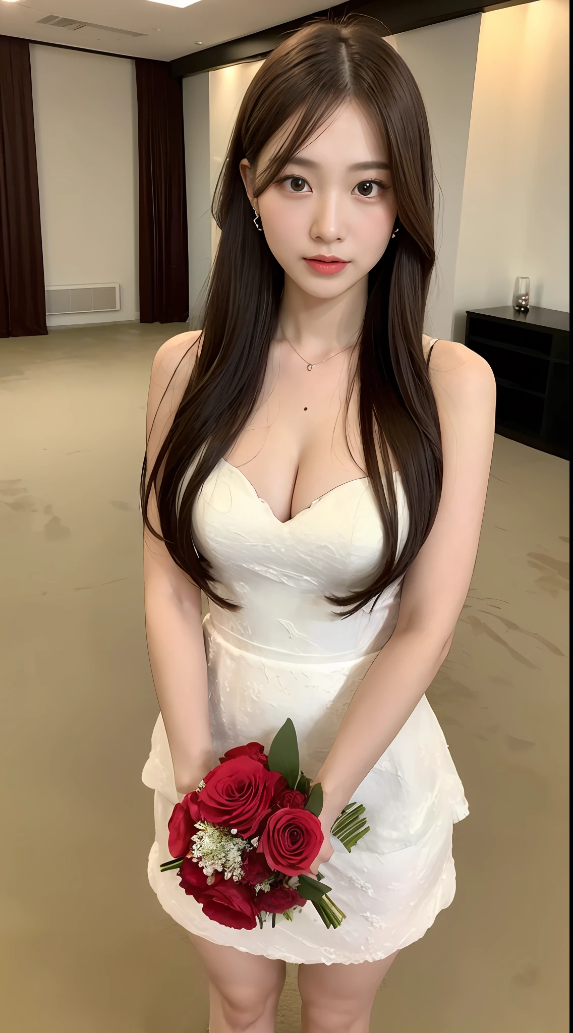 (Best Quality, 8K, 32 k, Masterpiece, UHD:1.2),Photo of Pretty Japanese woman, 1Girl, 18 years-old, (Long dark brown hair), Double eyelid, large full breasts, Mini Wedding Dress, Party Room (Party Room), caress , open chest, Standing with a bouquet of flowers, masturbation, s whole body, Pretty legs,
