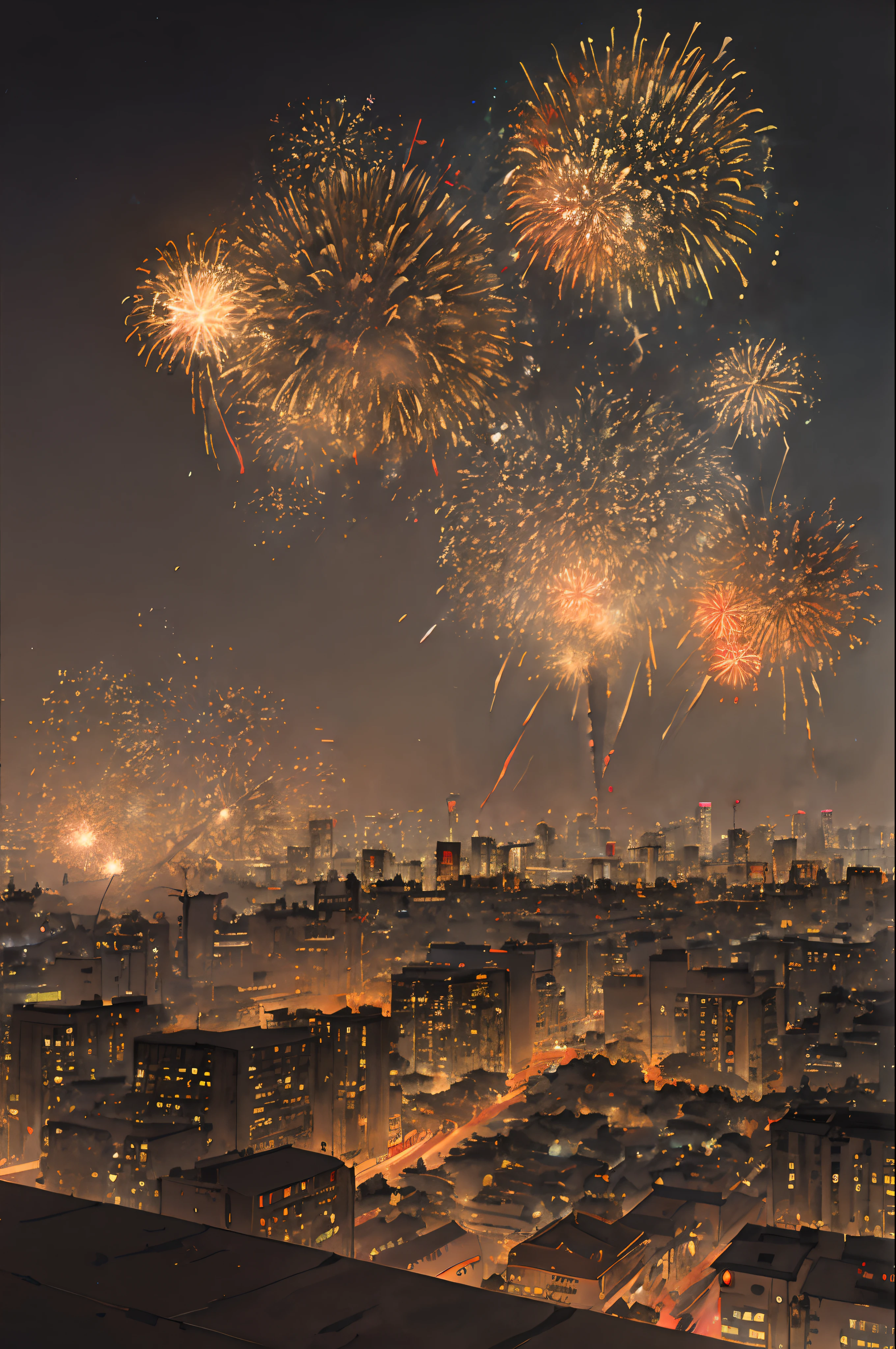 1city, cyberpunk, light brown tone, panoramic, detailed, fireworks, new year