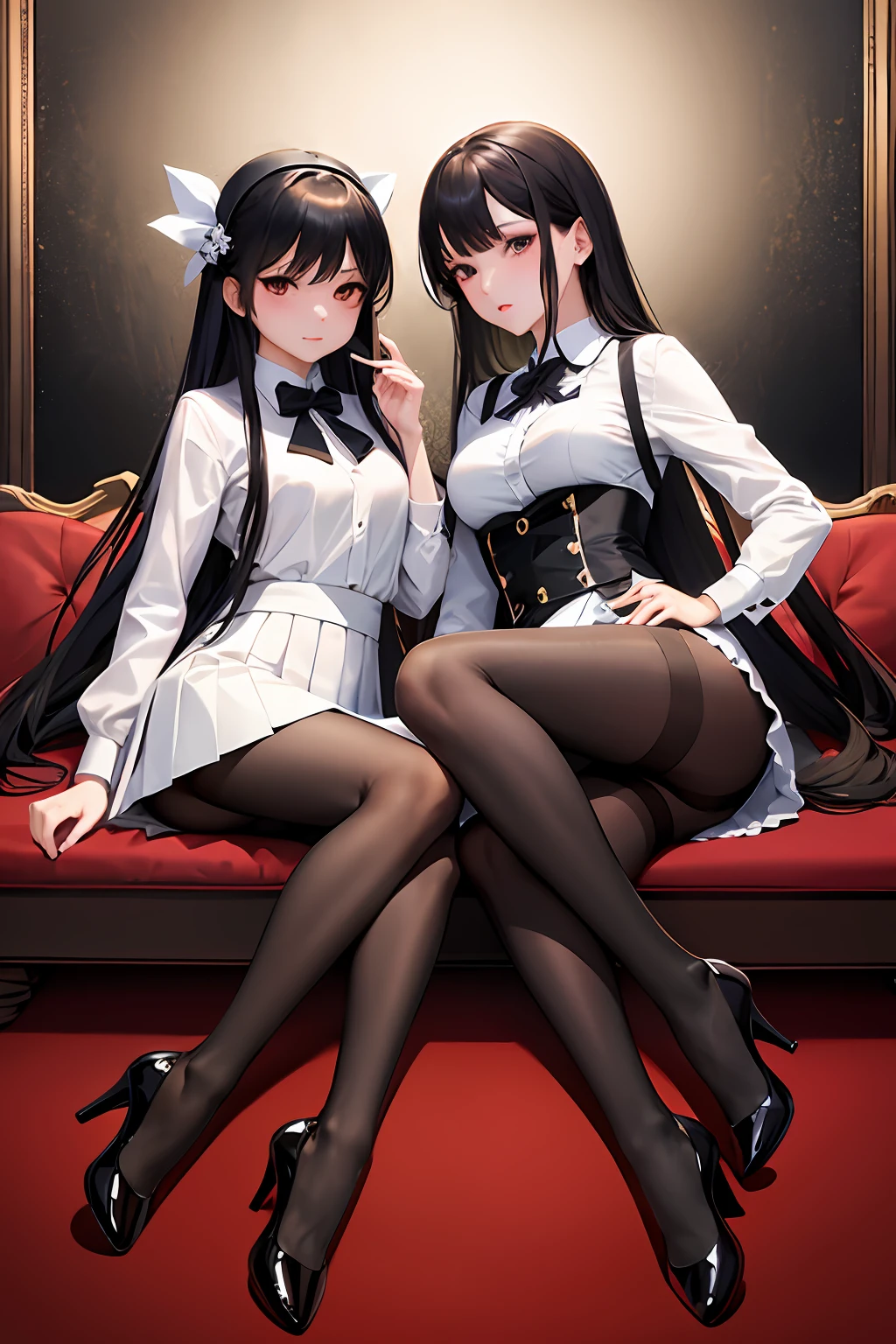 Best quality，tmasterpiece，超高分辨率，A pair of GGX heels，1girll，white  shirt，tiese，a black pleated skirt，lacepantyhose，Correct anatomy，Single character，photorealestic，Single character，black lence stockings