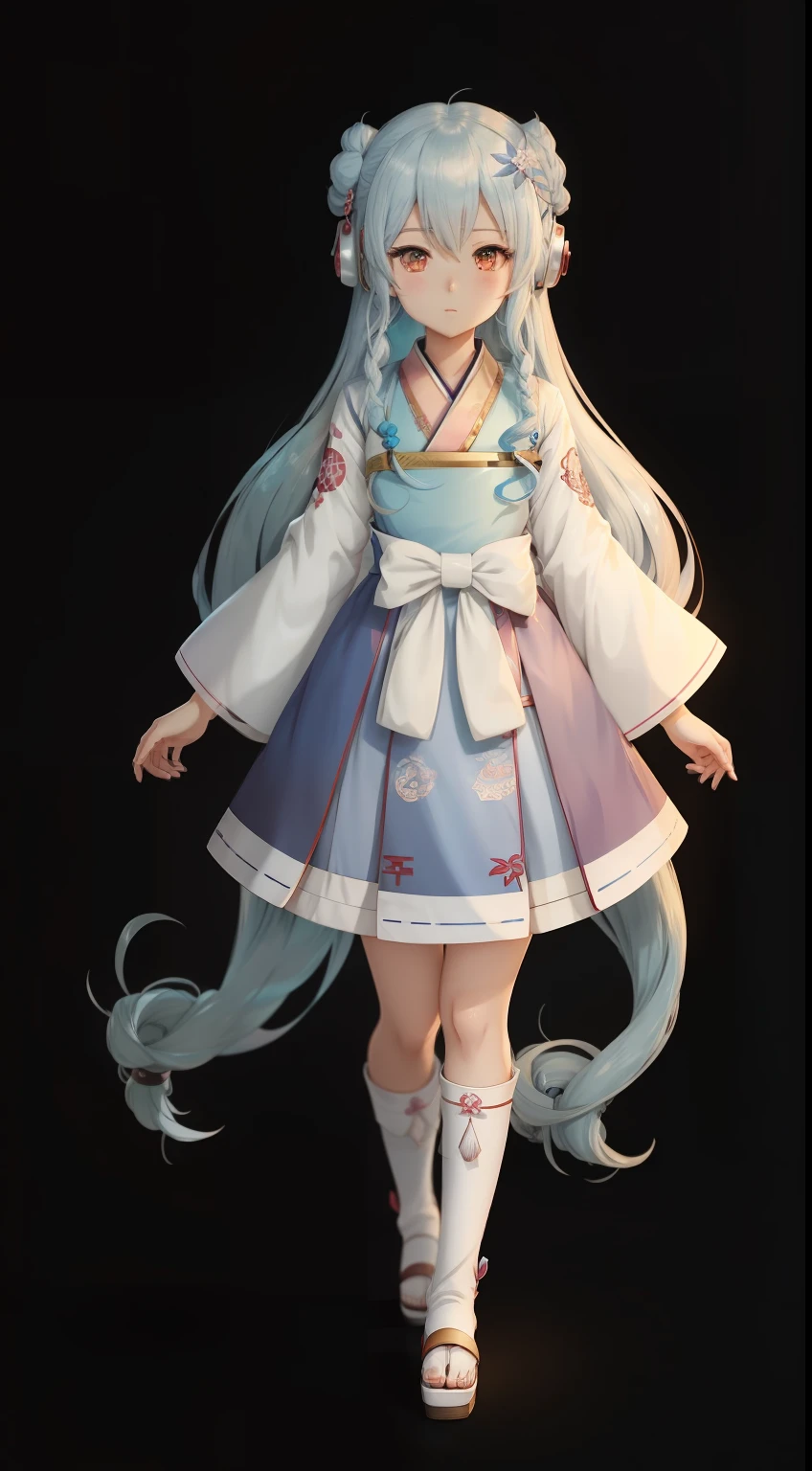 An anime character of a woman wearing hanbok,Wear long, fluent clothes,pretty anime character design,anime visual of a cute girl,Kantai collection style,Anime moe art style,small curvaceous loli,Chen Jiru,small loli girl,Anime character design,Highly detailed character design,Guviz,high quality character design,high qulity。super detailing。Blue-white hair,Dango head,2D anime style,solo person