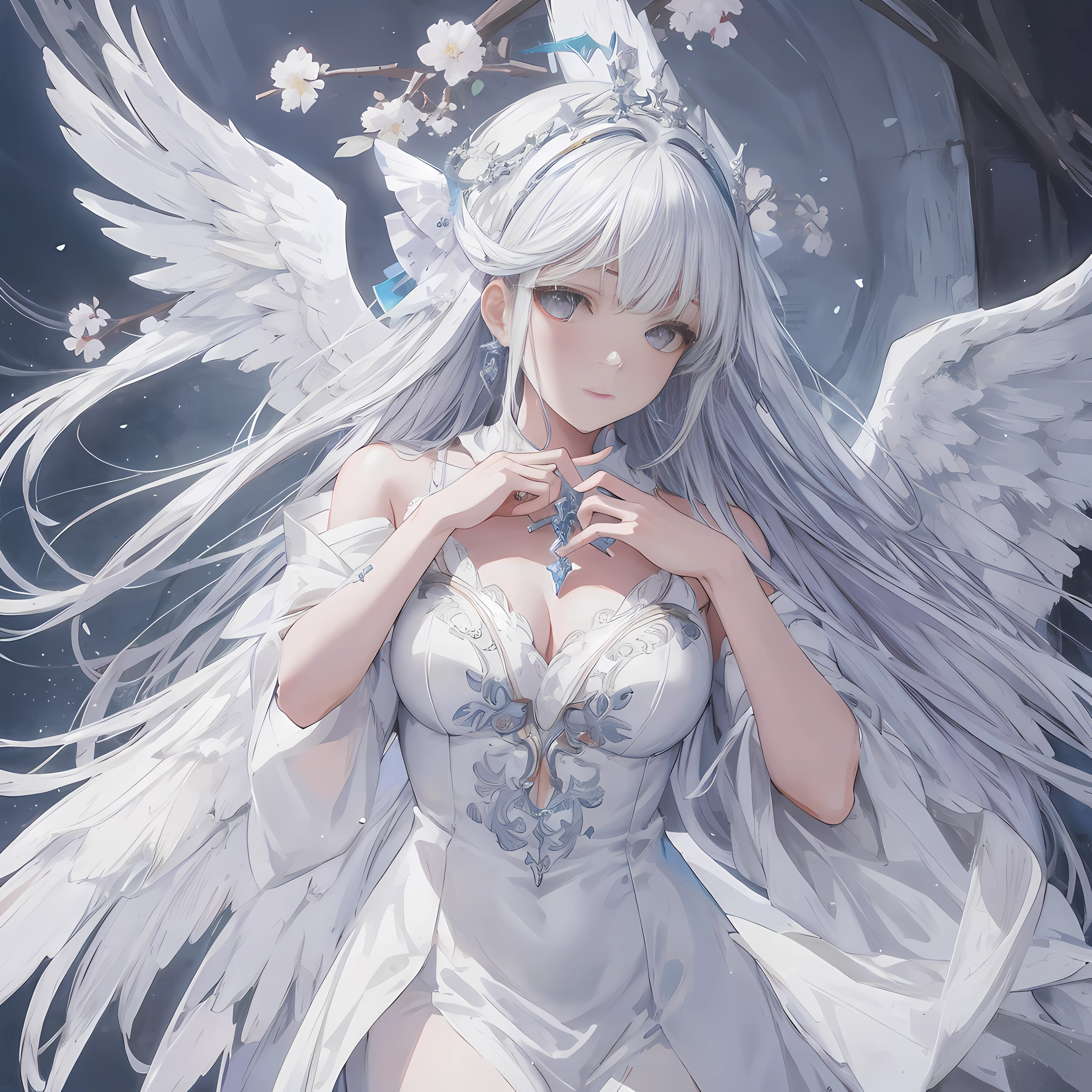 Anime girl with white hair and angel wings in a white dress, of an beautiful angel girl, white haired god, of beautiful angel, Beautiful Angel, Angel Girl, beautiful fantasy anime, one white winged, a beautiful female angel, Portrait of a beautiful angel, angelicales, with beautiful wings, Beautiful anime girl, beautiful anime woman, guweiz on pixiv artstation