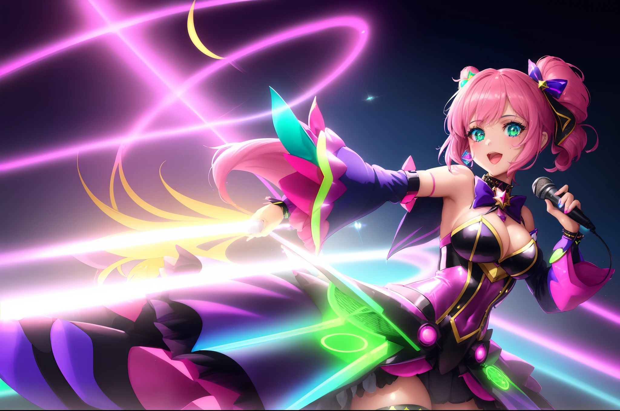 (1 girl is magical girl with holding a microphone in 5 neon color spot lighting:1.2), cyber techno, on the screen-monitor detailed with cyberpunk, (intricate idol costumes:1.1), gel pen and color pencil painting, add fiber art and black light coloring, vibrant colors, ultra fine detailed skin, ultra quality, cinematic still, 16k, conceptual contrast, intricate surface detail texture and smooth skin, holographic rendering, japan anime Inspired,