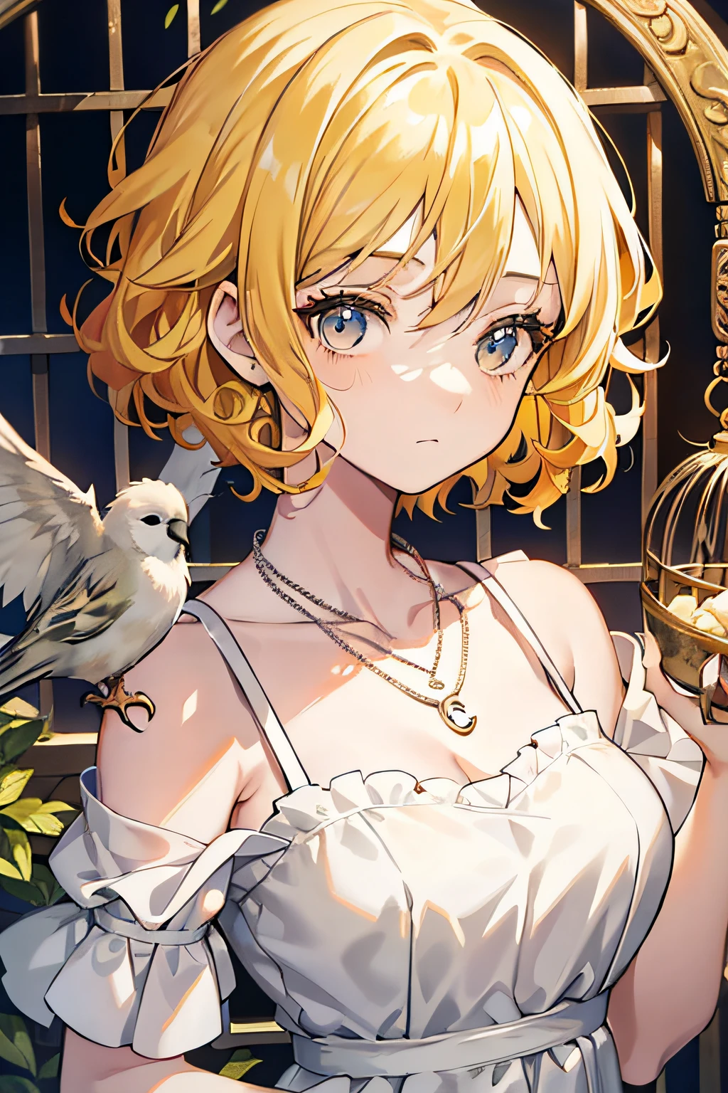 A beautiful girl, anime style girl, yellow hair, (curly hair), short hair, shoulder-length hair, gray eyes, white dress, a necklace, in the bird cage, a girl in the cage, with a white bird, 8k, super detail, masterpiece, high quality, high resolution, high detail, high face detail, dark, sad, HD quality