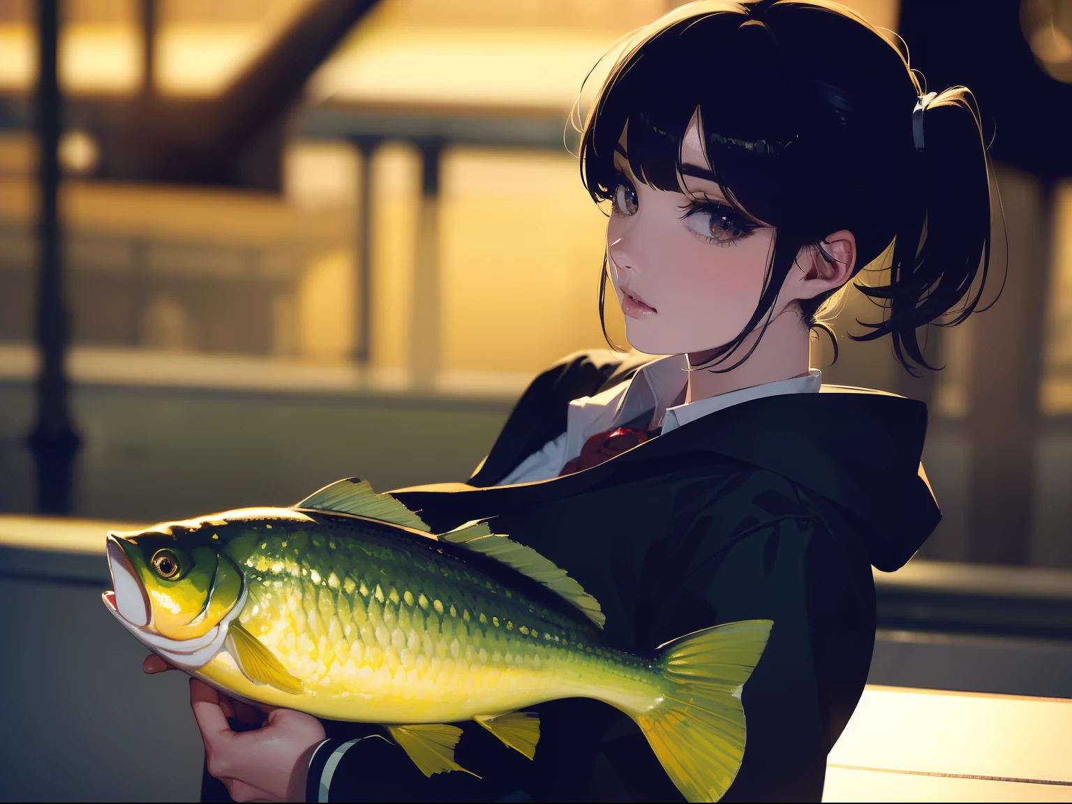 ((((Catch big fish by the lakeside)))),((Best Quality, masutepiece :1.3)),((( Large Mouth Bass))),hight resolution,ultra-detailliert,Beauty and aesthetics,masterpiece,best qualtiy,(1 Japanese 22 years old woman),Black hair, long eyeslashes, Solid Circle Eyes, deadpan, drop shadow, Atmospheric perspective,Super Detail, ccurate, small brest,(Black jacket :1.1),top-quality, absurderes:1.2, blurry backround, bokeh dof:1.2, a picture, (masterpiece:1.3), (intricate detailes:1.2), Atmospheric perspective,Super Detail, ccurate,
