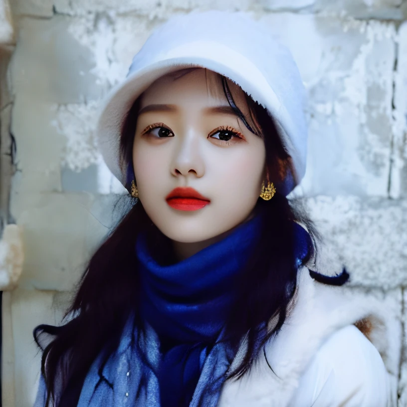 hyper HD,Age 25 years,White hat,Blue scarf,Korean style,Asian women
