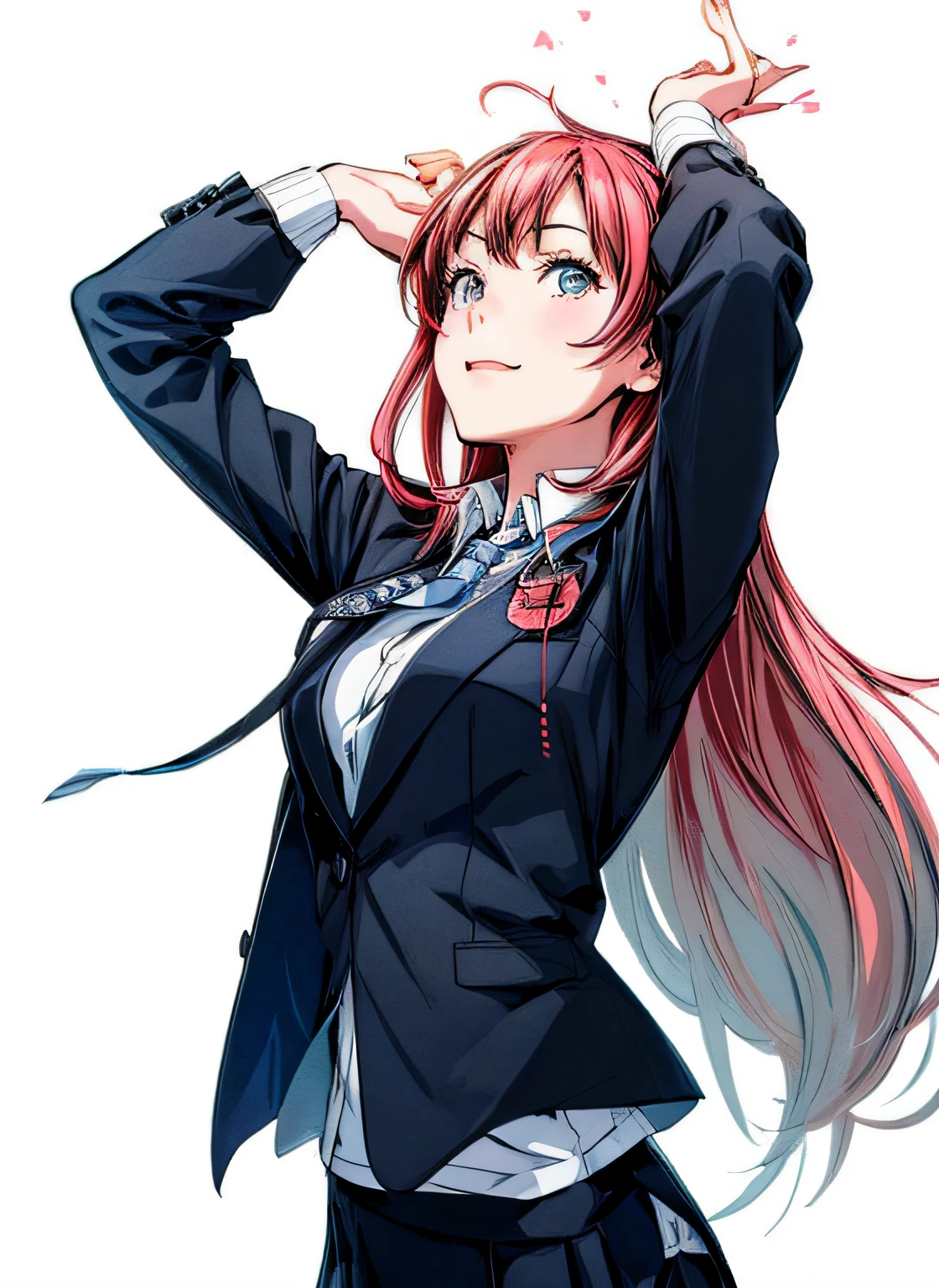 actionpose、Overflowing、cheerfully、（Manga style）、(linear art_Anime)、(black-and-white_strong contrasts)、小柄,Solo_girl, ​masterpiece, top-quality, beautifully drawn, ighly detailed, Aesthetic painting, (Lora Add Details:1.0),hi-school girl、Straight hair、jaket、Business suits、neck tie、（Background of the building district:1.0）
