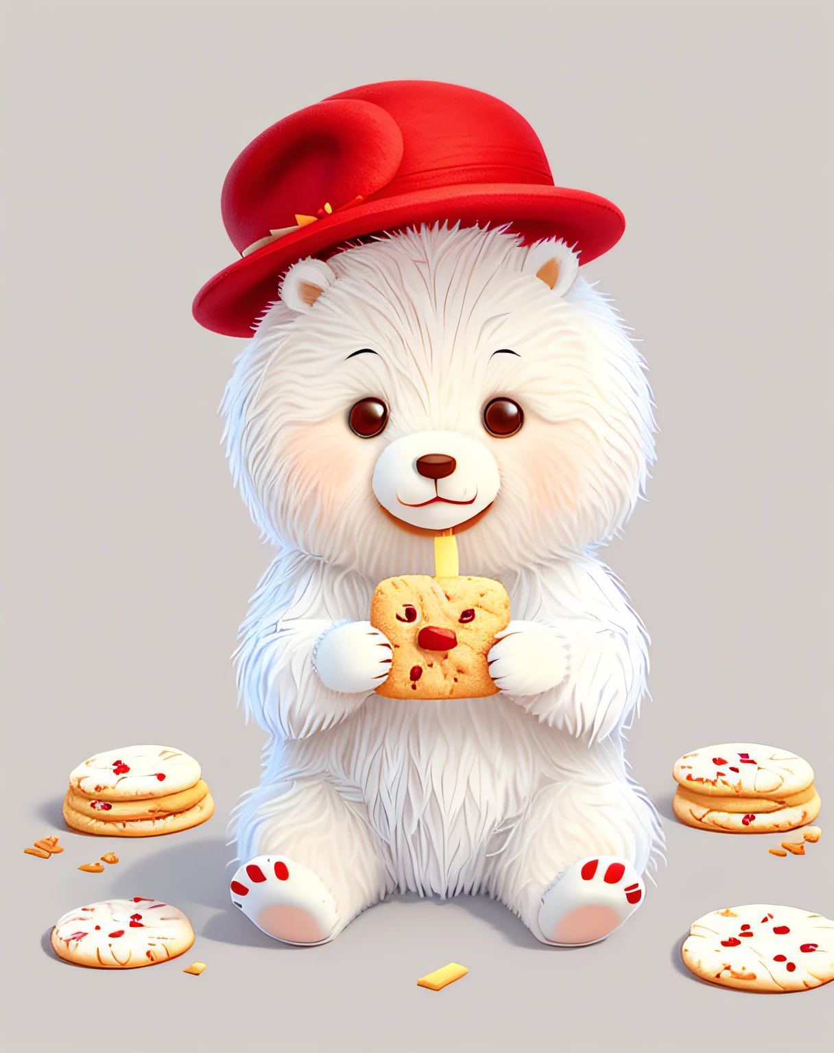 There is a white teddy bear wearing a red hat eating cookies, cute 3 d render, lovely digital painting, Cute! C4D, Cute detailed digital art, adorable digital art, cute illustration, cute pixar character, pixar cute character design, Cute:2, soft 3d render, kenny wong x pop mart, Pinterest rendering, portrait of anthropomorphic bear