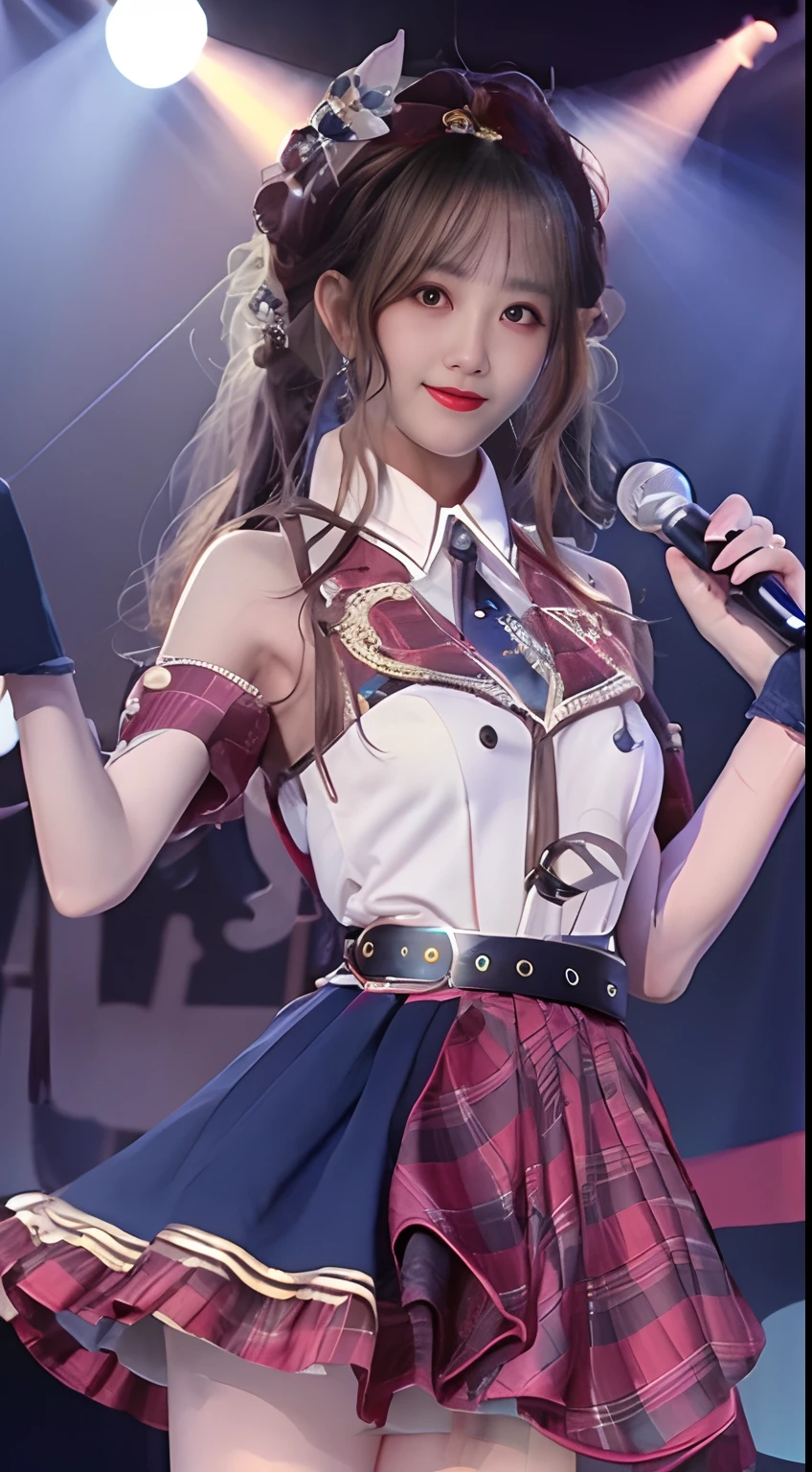 1girll , (Lovely view to the east:1), (Delicate and detailed facial features:1), high-definition quality, Ultra-clear resolution, Movie quality,A cute girl,Wear stage costumes,be on stage,Sing and dance with the microphone,The spotlight shines on the body