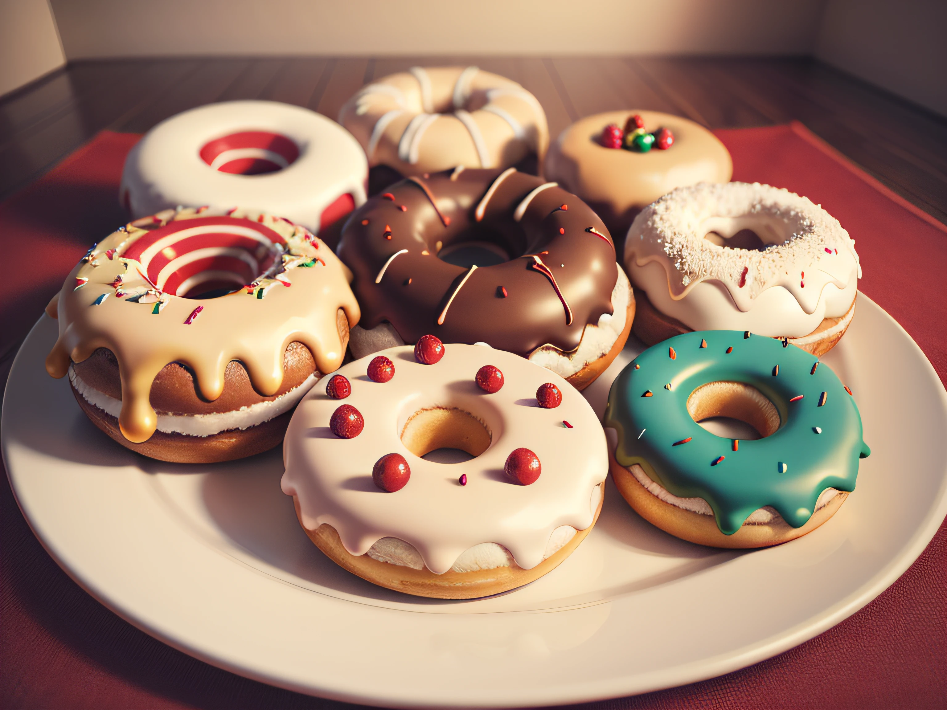 Christmas Donut Tableau, In a variety of shapes and colors, Realistically rendered, photo-like style.