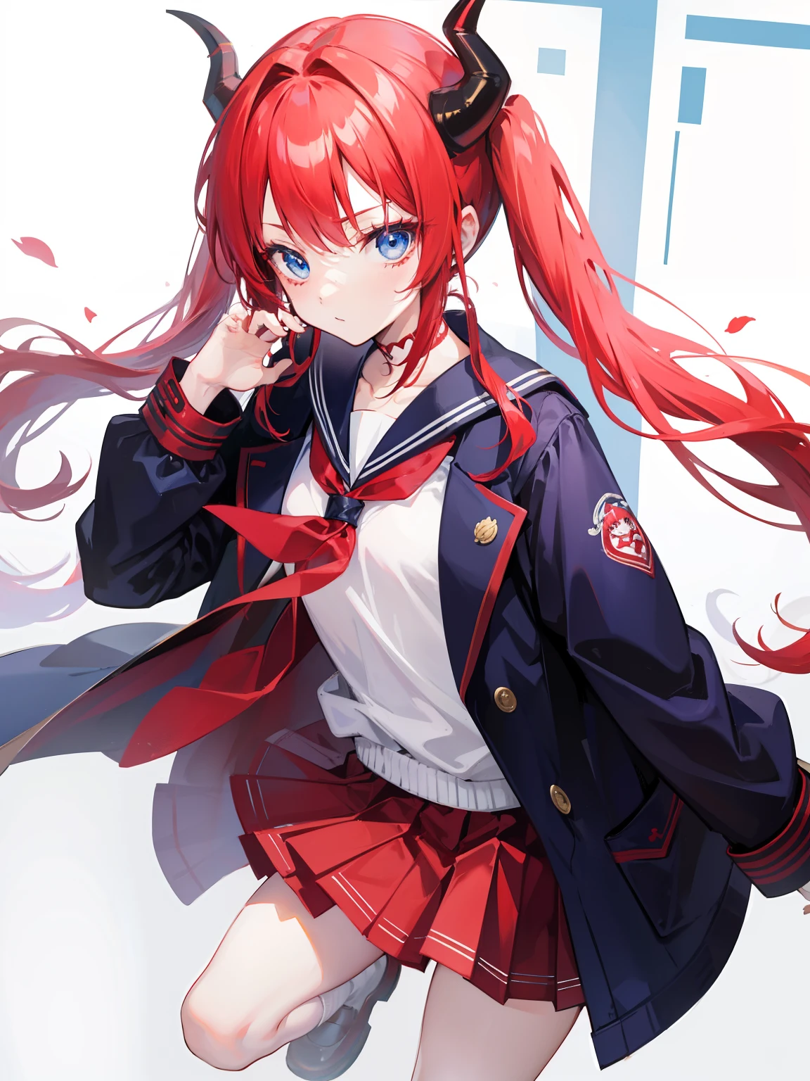red hair, blue eyes, twintails, Sailor suit,coat, Dragon horns,Pleated skirt,solo,loli,cute