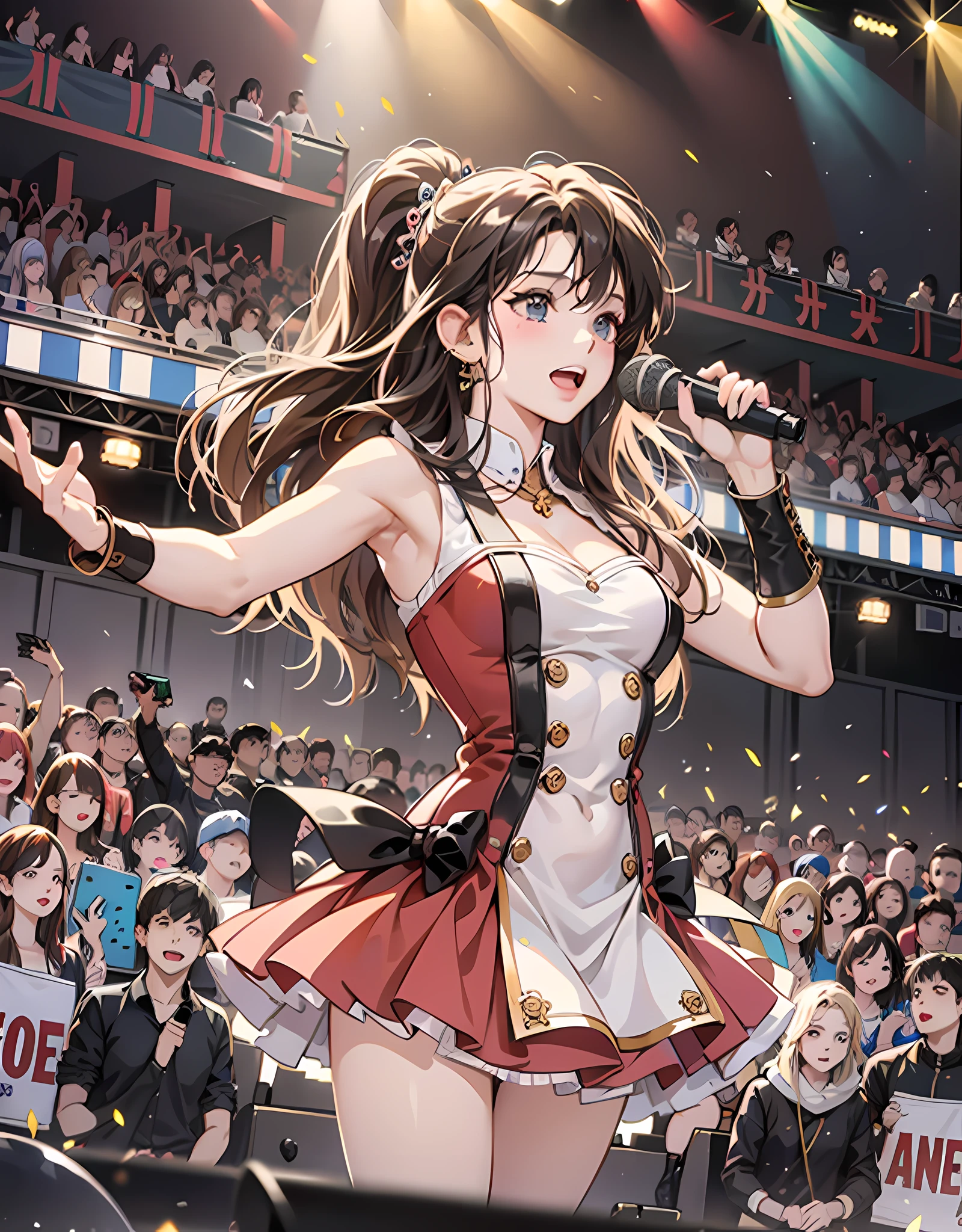 masterpiece, realistic, photorealistic, anime style, Detailed prompts for illustrations of idol singers singing live on stage:

The idol singer stands in the center of the stage.
Idol singers wear miniskirts and boots.
Idol singers have long hair down.
The idol singer is singing with a microphone in hand.
Idol singers move their bodies according to the lyrics.
Fans gather around idol singers.
Fans are rooting for idol singers.
The stage is brightly lit.
In the background of the stage is a large screen.
Images of idol singers are displayed on the screen.
The singing voices of idol singers are echoing throughout the venue.
Fans are intoxicated by the singing voice of idol singers.
Idol singers are giving joy to their fans.
This illustration expresses the enthusiasm of an idol singer's live performance. Fans are fascinated by the singing voice and performance of idol singers. Idol singers are giving joy to their fans.