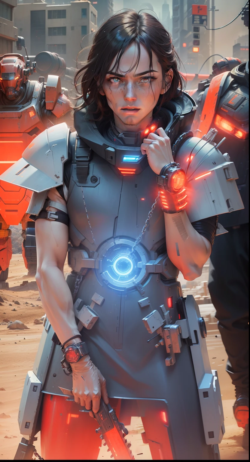 On the moon, barren planet, ruins, holding weapons, no humans, glowing, robot, building, glowing eyes, orange mech, science fiction, city, reality, mecha, galaxy background, full body, neon, cyber Punk, 8K wallpapers, ultra-detailed artwork, cinematic lighting, realistic photos, Dark_Fantasy, Cyberpunk, (chain saw, chain saw man, Red: 1.1), 1man, Mechanical marvel, Robotic presence, Cybernetic guardian, wearing a worn-out machine armor suit, intricate, (steel metal [rust]), elegant, sharp focus, photographed by greg rutkowski, soft lighting, vibrant colors, masterpiece, ((street)), cowboy shot, dynamic pose,