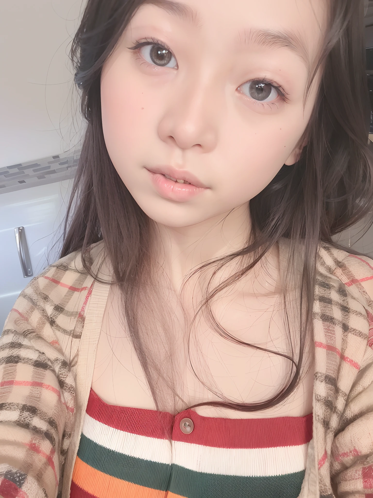 there is a young girl with long hair wearing a colorful shirt, 奈良美智, chiho, 2 , 1 8 yo, narumi kakinouchi, 8k selfie photograph, 3 0 years old woman, shikamimi, 30 years old woman, young cute wan asian face, 2 8 years old