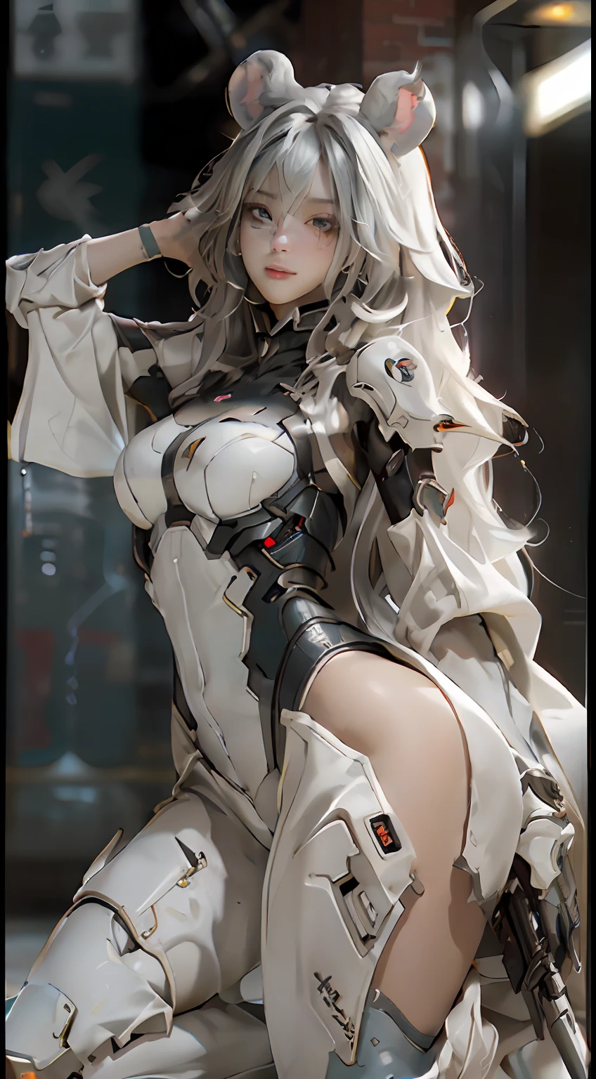 ((best qualtiy)), ((tmasterpiece)), (the detail:1.4), 3D, (Beautiful cyberpunk style female figure:1.5),((Sexy mature woman)),(Sexy big sister),(Greasy senior sister),(Multiple poses),(Mecha warrior)hdr(HighDynamicRange),Ray traching,NVIDIA RTX,Hyper-Resolution,Unreal 5,Subsurface scattering,PBR Texture,post-proces,Anisotropy Filtering,depth of fields,maximum definition and sharpness,Many-Layer Textures,Albedo e mapas Speculares,Surface coloring,Accurate simulation of light-material interactions,perfectly proportions,perfect bodies,rendering by octane,Two-colored light,largeaperture,Low ISO,White balance,the rule of thirds,8K raw data,crisp breasts,Sexy little buttocks,cabelos preto e longos,Pure desire,Mecha mouse ears,Mouse ears,Mecha rat tail,Exquisite facial features,in mecha style,Yellow graffiti background