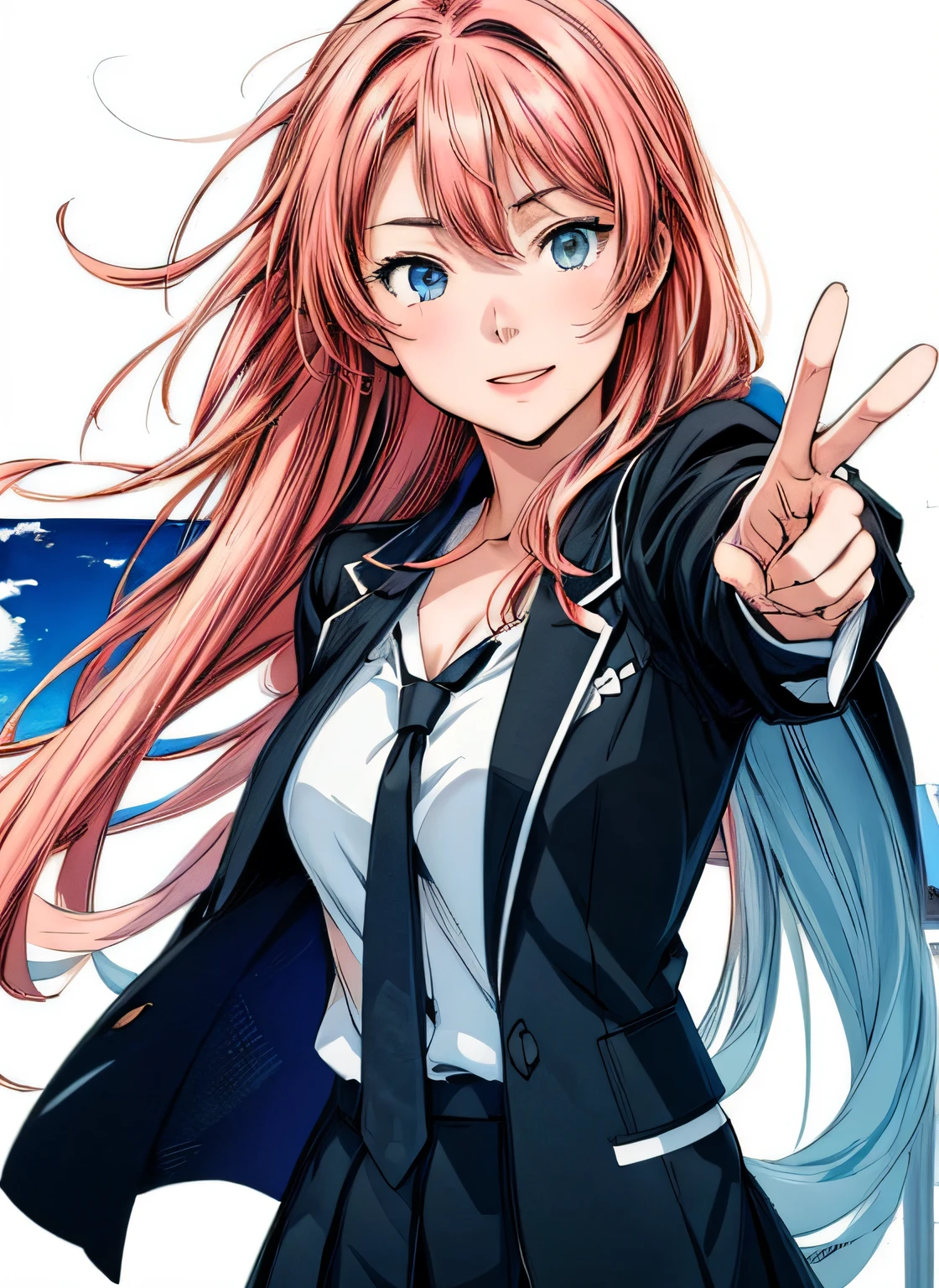 actionpose、Overflowing、cheerfully、(Manga style)、(linear art_Anime)、(black-and-white_strong contrasts)、小柄,Solo_girl, masterpiece, top-quality, beautifully drawn, ighly detailed, Aesthetic painting, (Lora Add Details:1.0),hi-school girl、Straight hair、jaket、Business suits、neck tie、(Background of the building district:1.0)