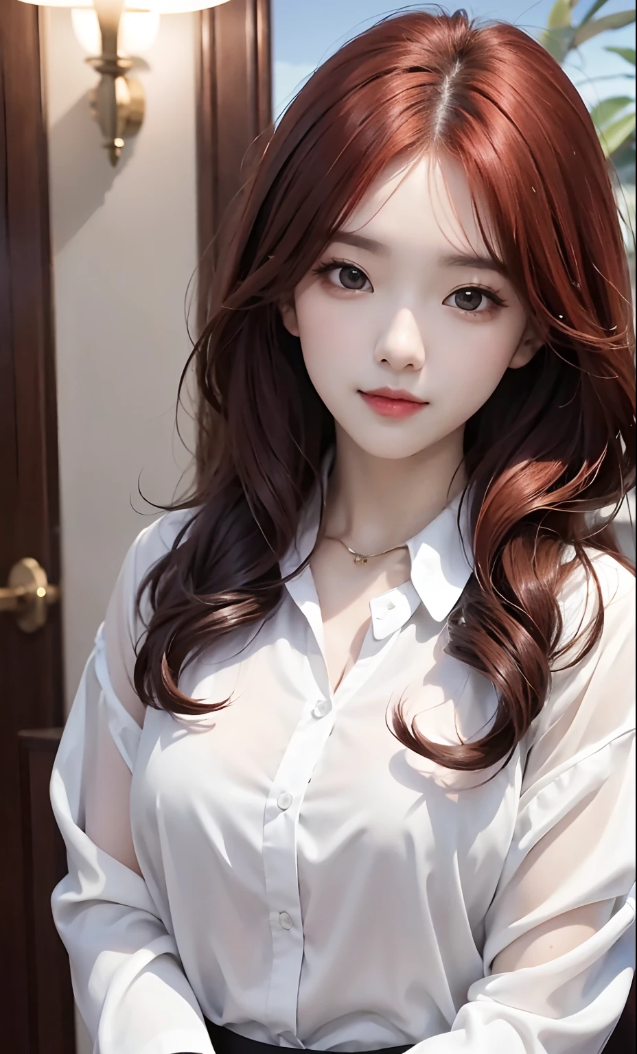 (8K, RAW photo, Photorealistic:1.25) ,Red long-haired,( Gloss on lips, eyeslashes, gloss face, Glossy glossy skin, best qualtiy, 超高分辨率, depth of fields, color difference, Caustics, Wide light, naturalshadow, Kpop idol) Watch the audience with serenity and goddess-like happiness,white button-down blouse