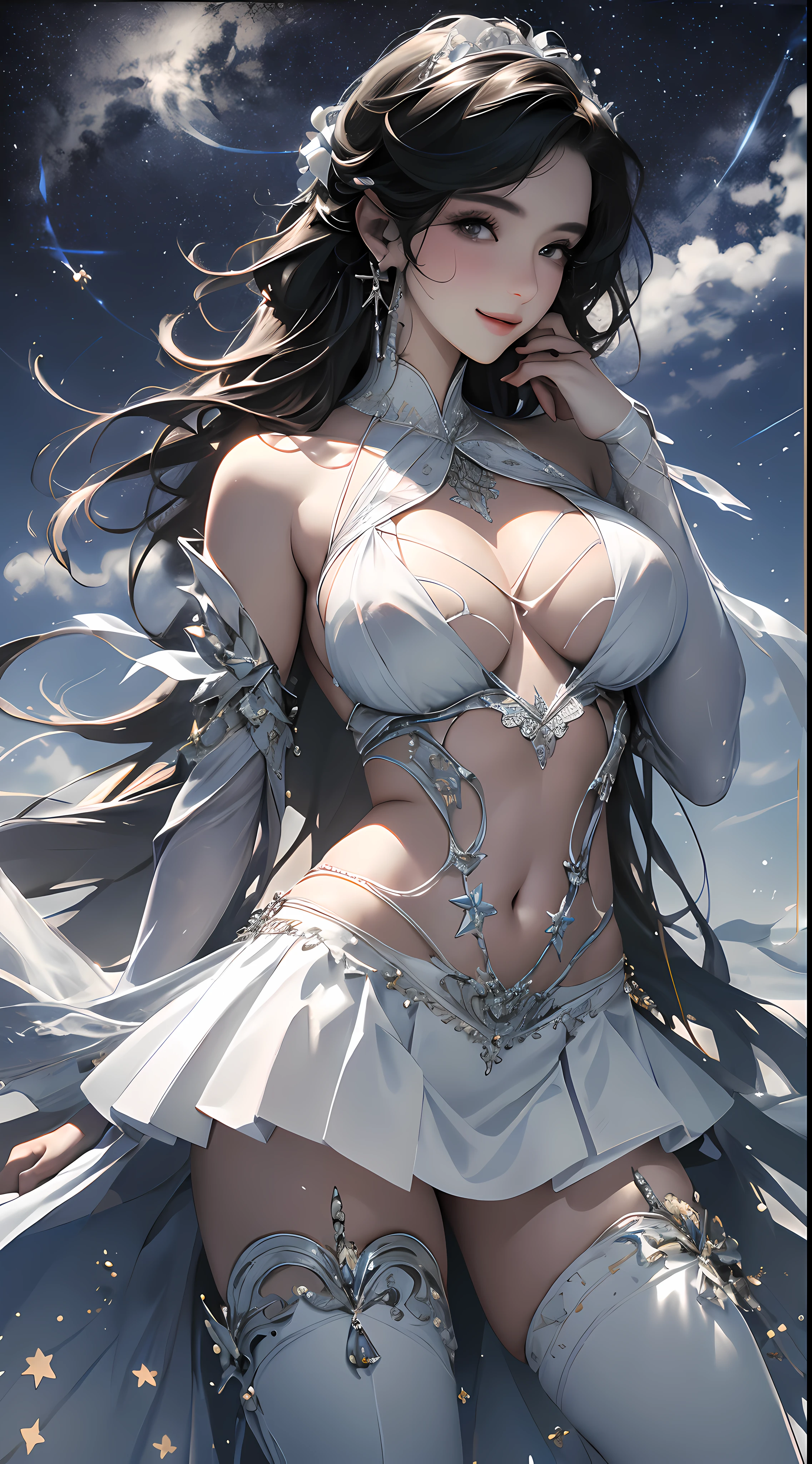 （（top-quality，photorealestic，Realistic 8K， tmasterpiece： 1.3））， Telescopic shot： 1.4，Delicate，  (( perfect bodies）），((Bigchest))，((The background is under the stars))，White swim skirt： 1.1， Highly Detailed Face and Skin Textur，， Whitens the skin， ((cabelos preto e longos：1:1))， Smile back，