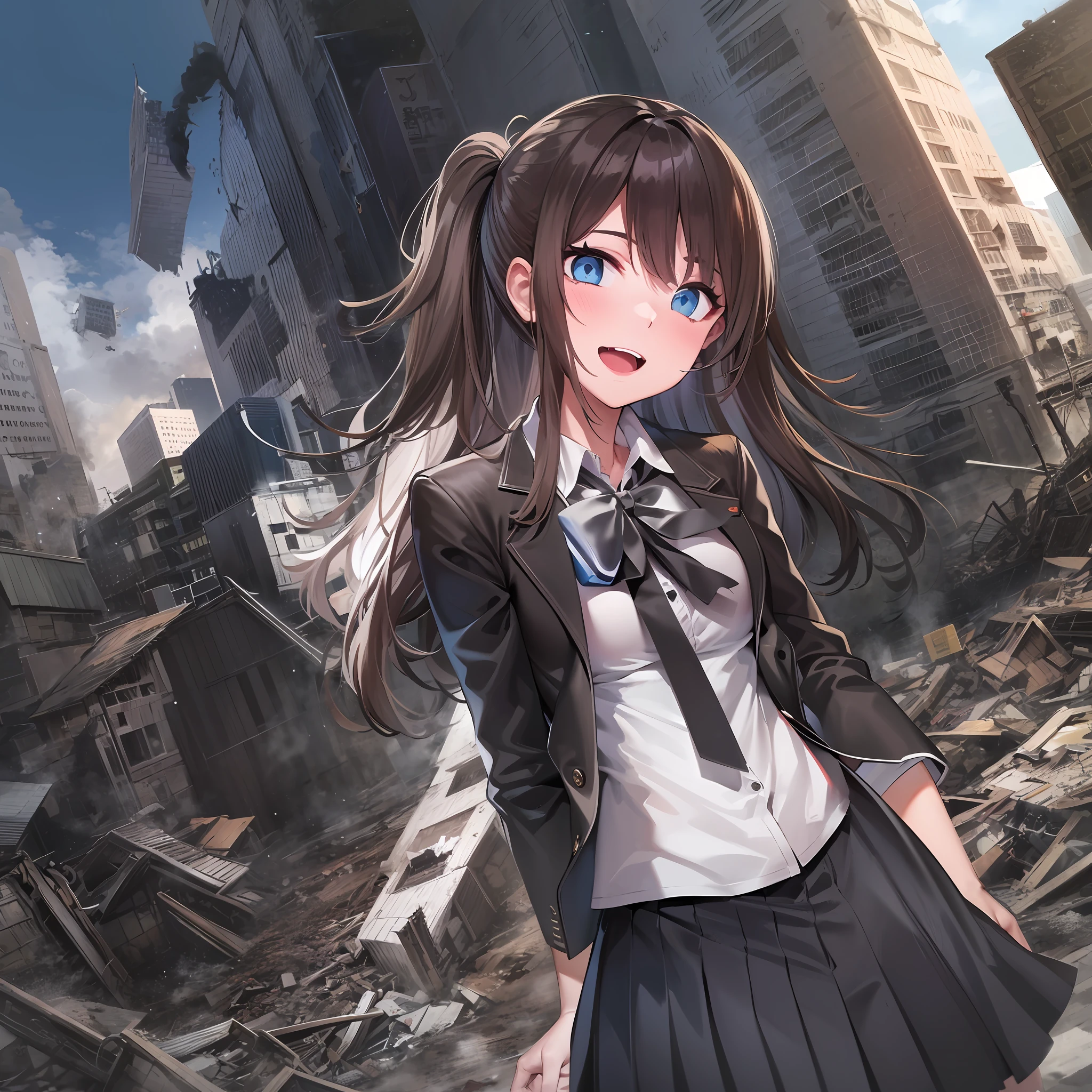 1girl, Solo, 50 meters tall, Bigger than the building, long hair, brown hair, bangs, blue eyes, Blazer, white shirt, black bow, Black pleated skirt, Black Loafer shoes, Sneakers, Light smile, Naughty, Anatomically correct, Textured skin, GTSCity, Destroyed buildings, City model,