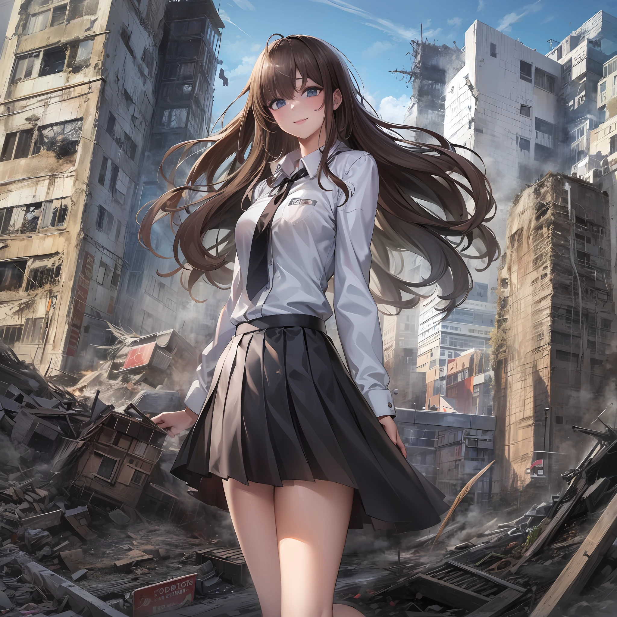 1girl, Solo, 50 meters tall, Bigger than the building, long hair, brown hair, bangs, blue eyes, Blazer, white shirt, black bow, Black pleated skirt, Black Loafer shoes, Sneakers, Light smile, Naughty, Anatomically correct, Textured skin, GTSCity, Destroyed buildings, City model,