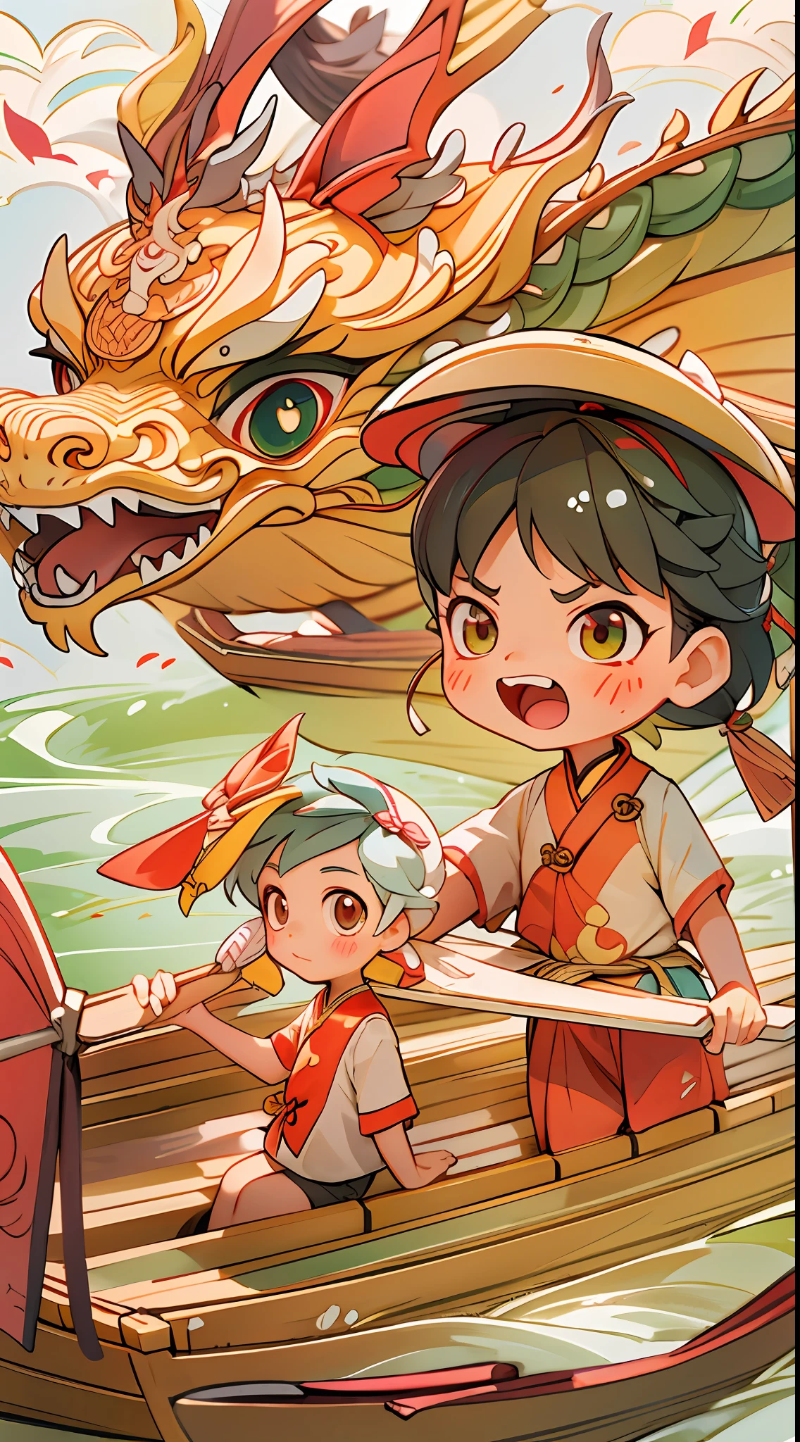 Dragon Boat Festival Chinese cute little boy and little girl racing dragon boat wooden boat dragon dragon dragon