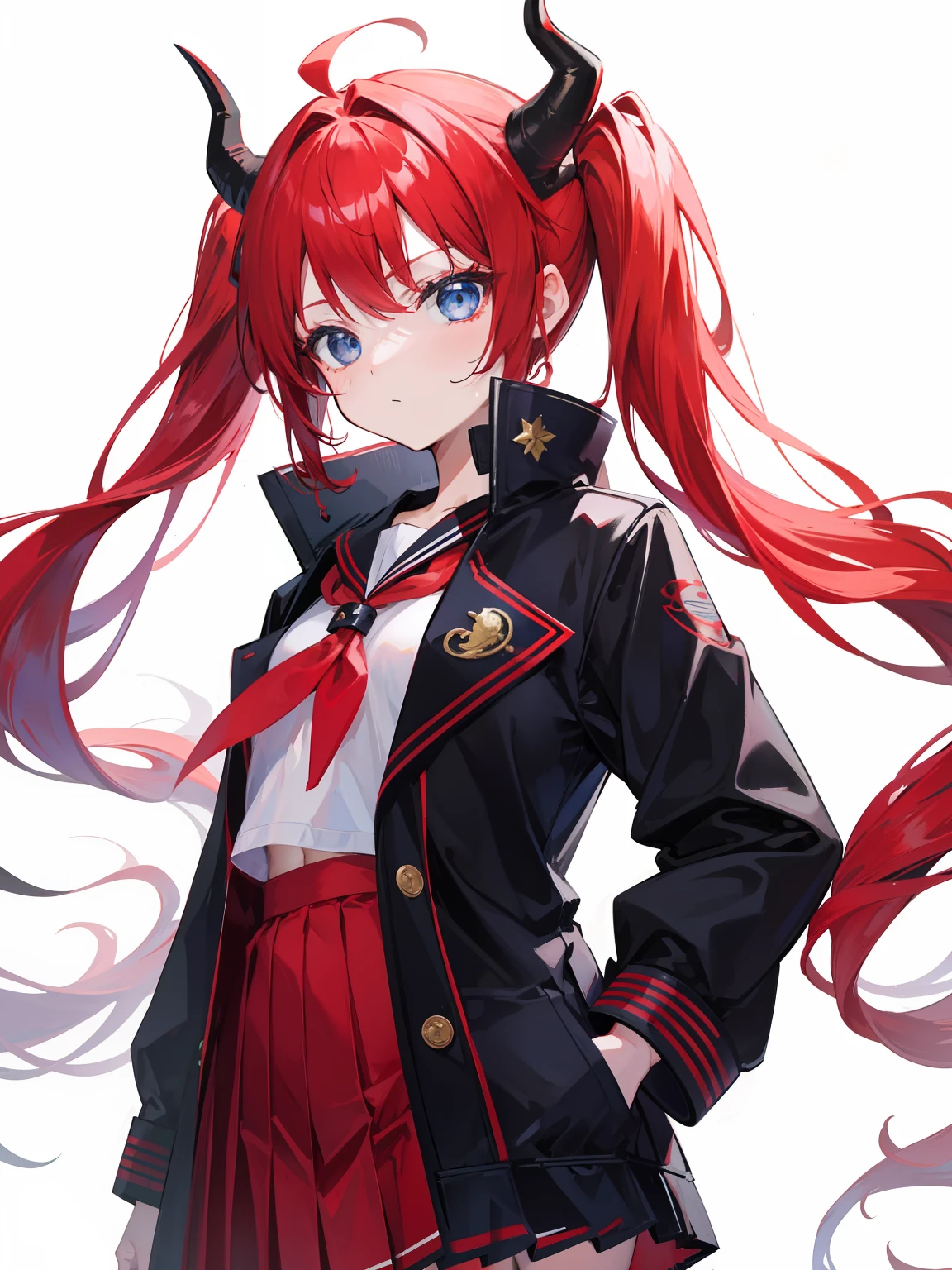 red hair, blue eyes, twintails, Sailor suit,black coat, Dragon horns,Pleated skirt,solo,li,cute,bow