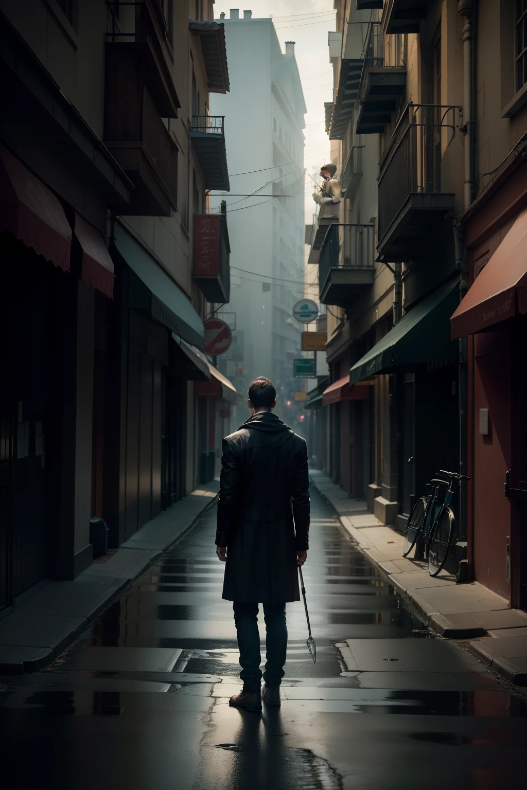 A man stands in front of a fork in the road between light and darkness