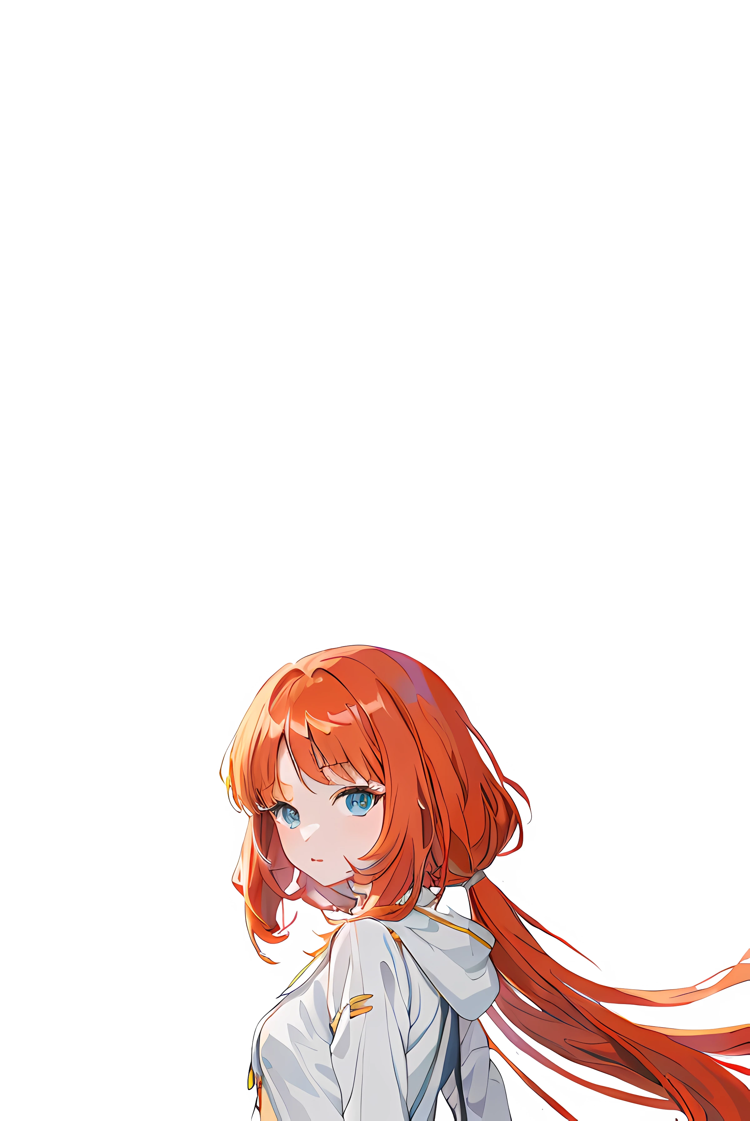 anime girl with long red hair and blue eyes standing in front of a white background, anime visual of a cute girl, 4 k manga wallpaper, made with anime painter studio, render of april, crisp clear rpg portrait, digital anime illustration, portrait of cute anime girl, anime art wallpaper 8 k, portrait anime girl, sayori, official character art, (anime girl)