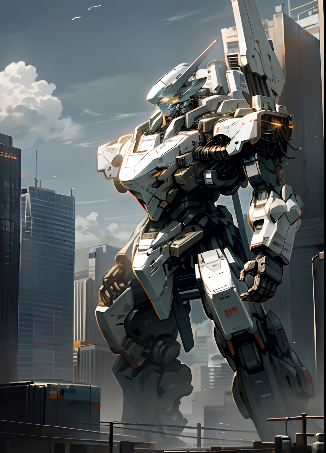 sky, cloud, holding_weapon, no_humans, glowing, , robot, building, glowing_eyes, mecha, science_fiction, city, realistic,mecha